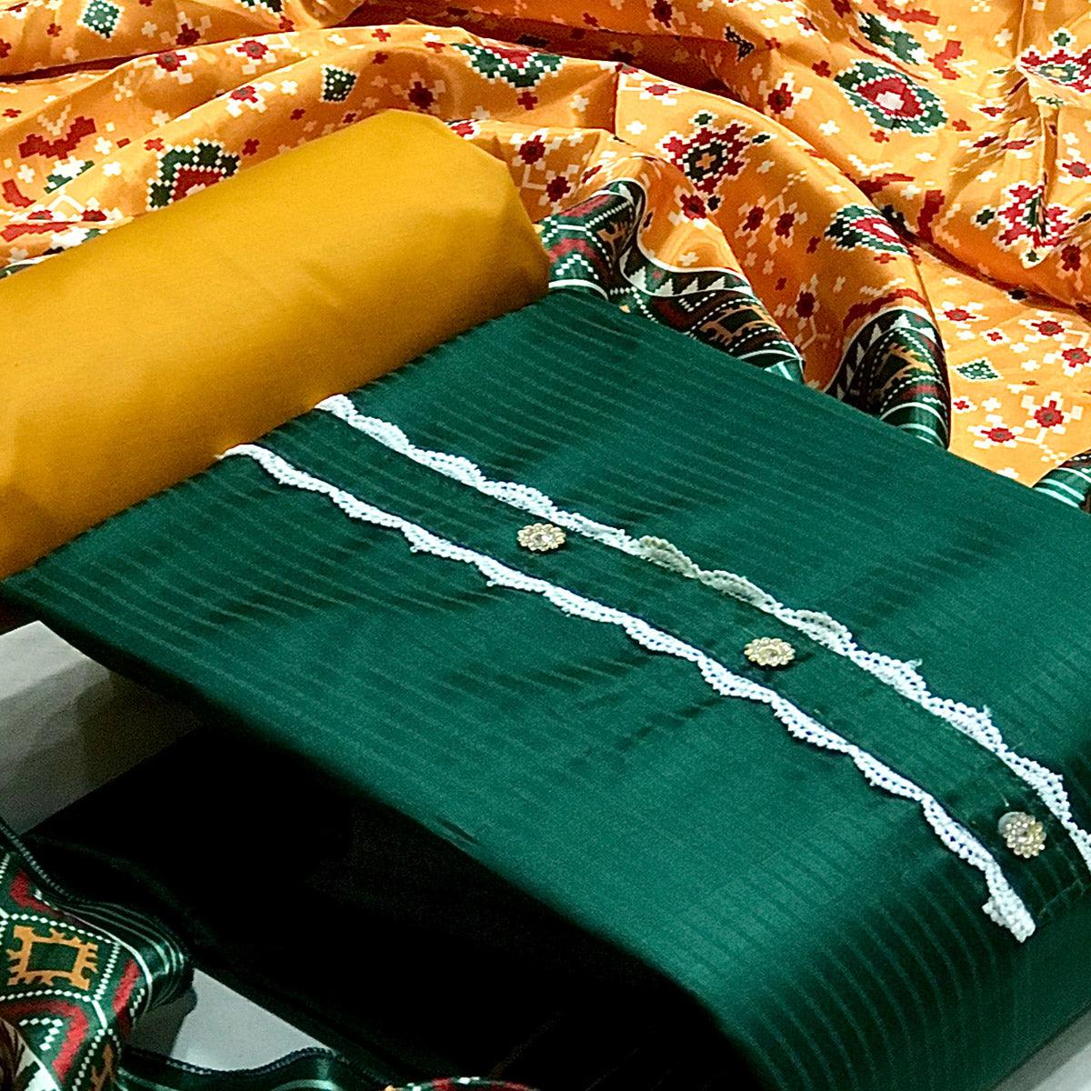 Green Striped Printed Satin Dress Material - Peachmode