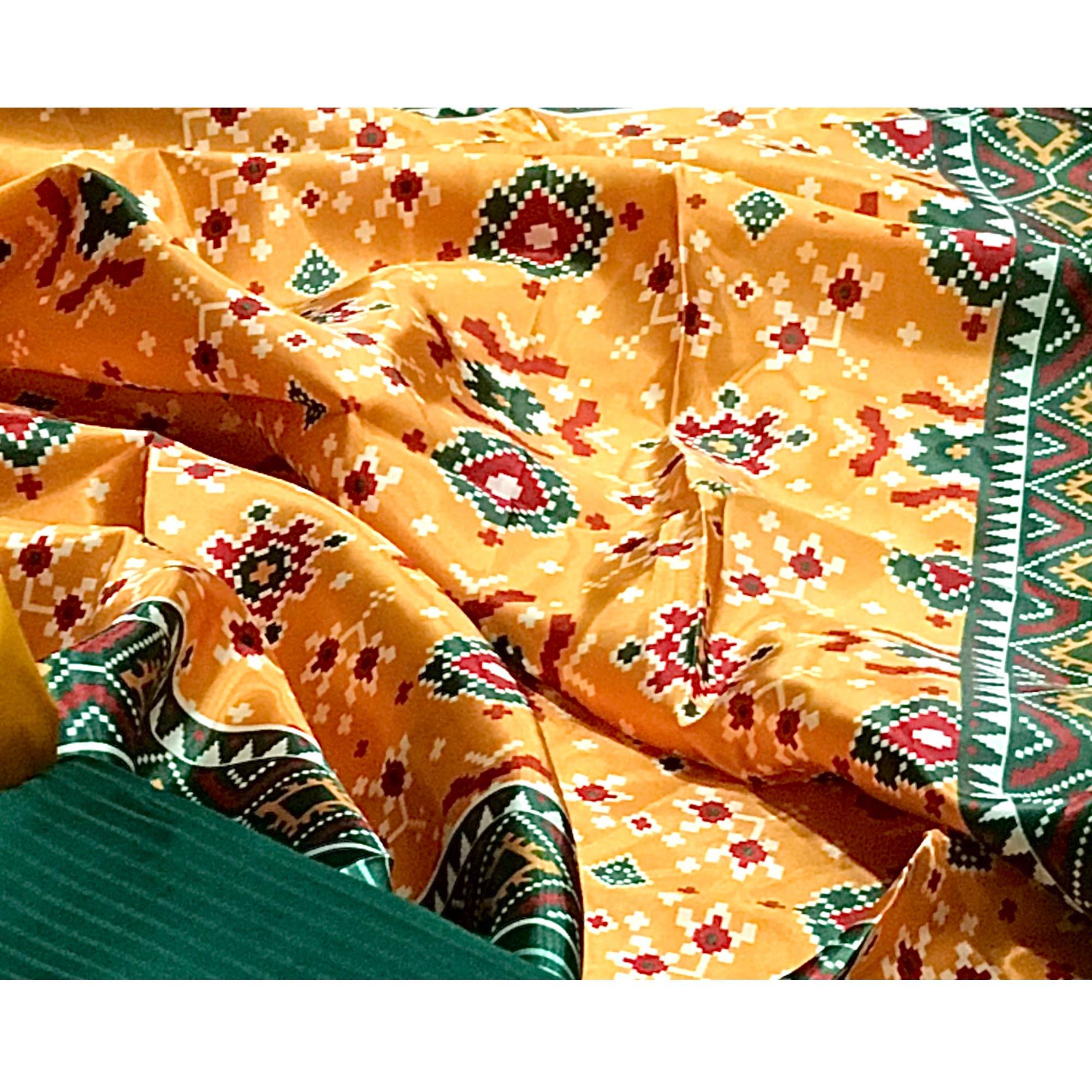 Green Striped Printed Satin Dress Material - Peachmode