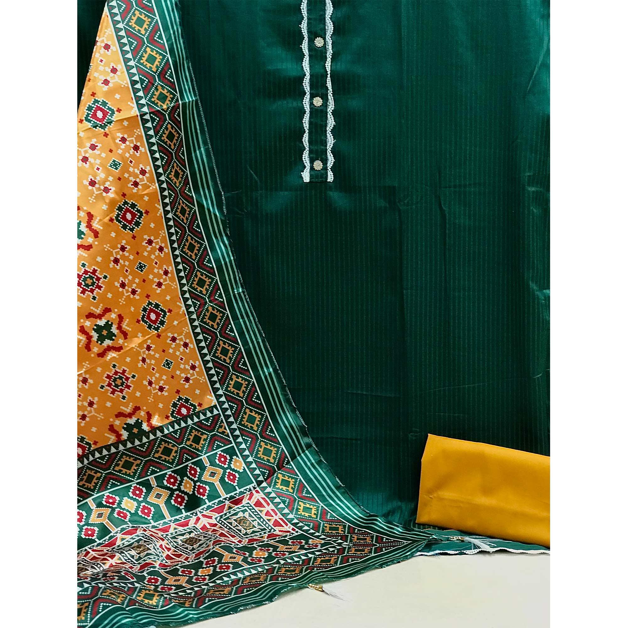 Green Striped Printed Satin Dress Material - Peachmode