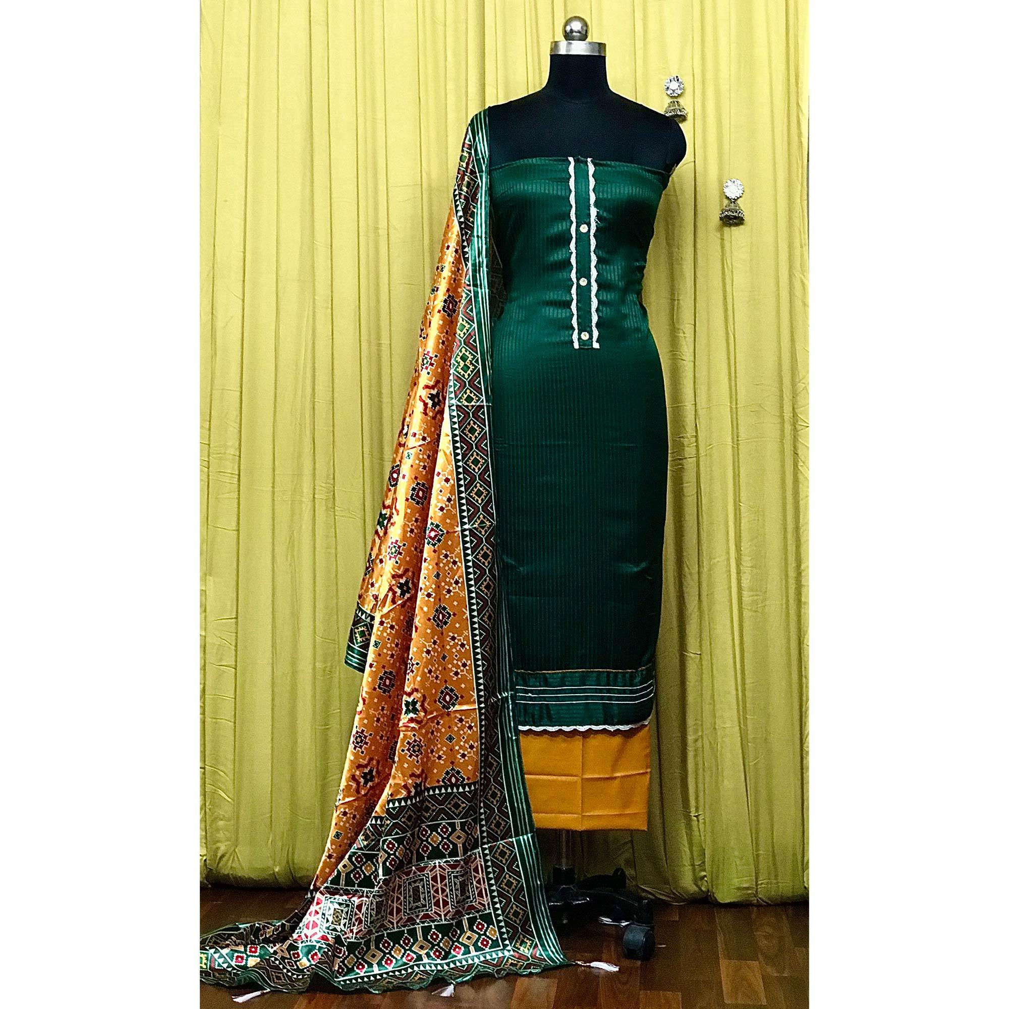 Green Striped Printed Satin Dress Material - Peachmode