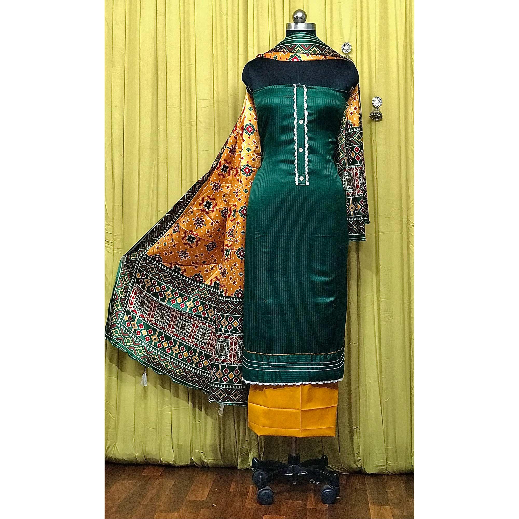 Green Striped Printed Satin Dress Material - Peachmode