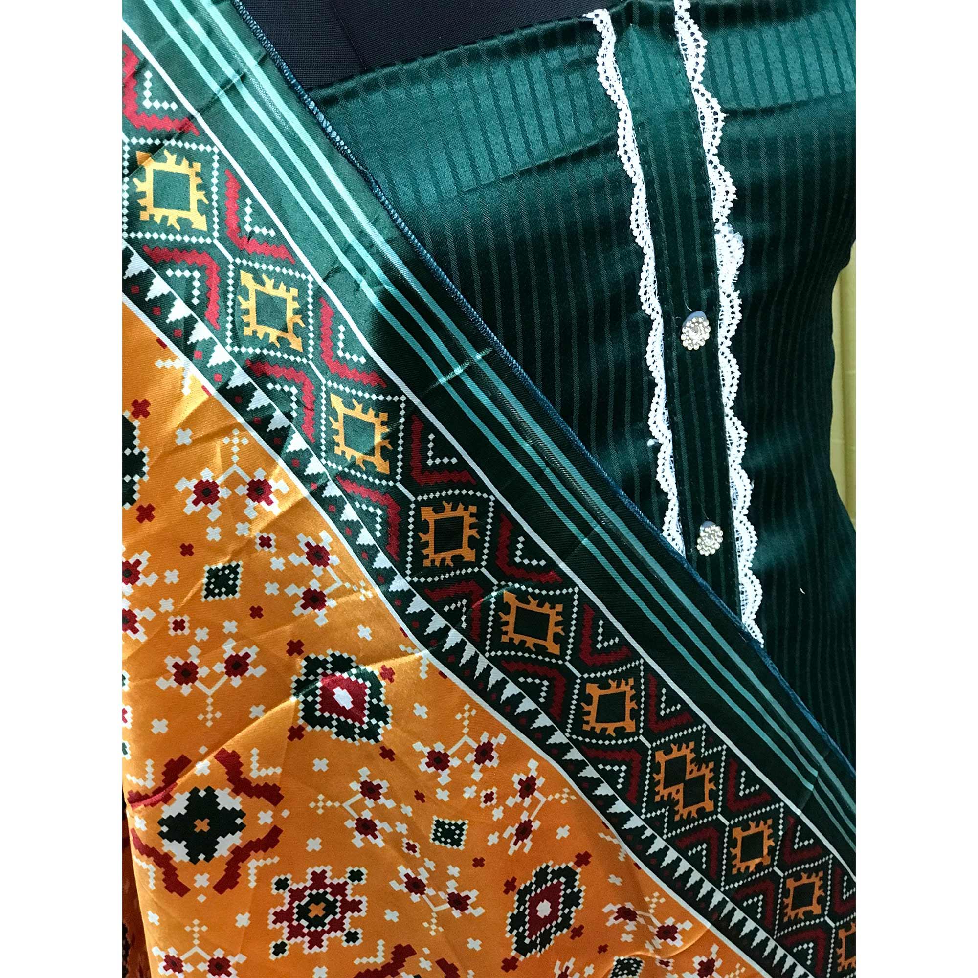 Green Striped Printed Satin Dress Material - Peachmode