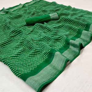Green Stripes Printed Chiffon Saree - Peachmode