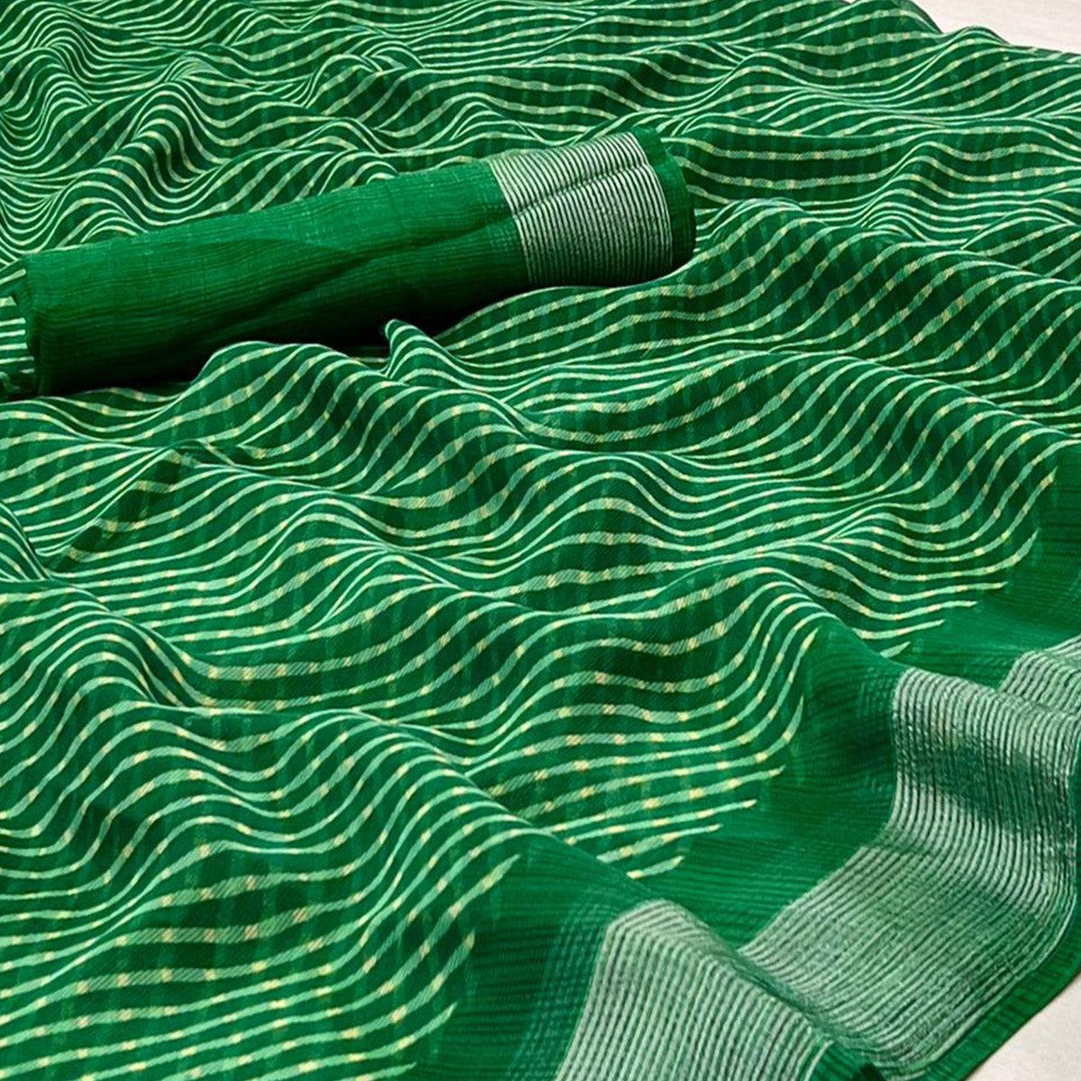 Green Stripes Printed Chiffon Saree - Peachmode