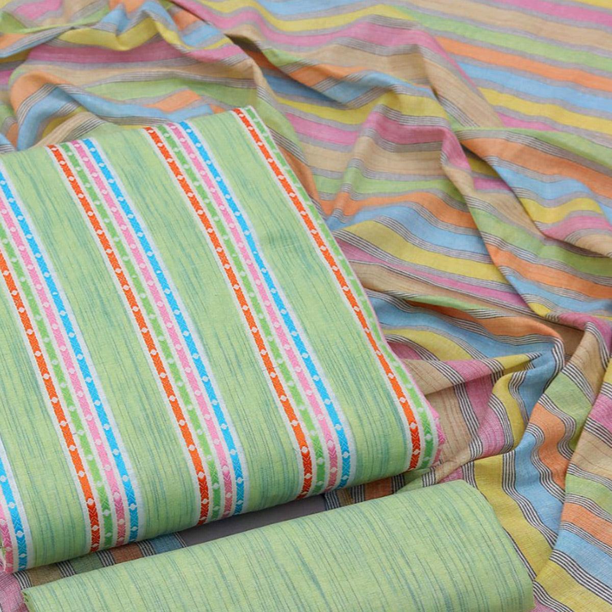 Green Stripes Printed Cotton Blend Dress Material - Peachmode