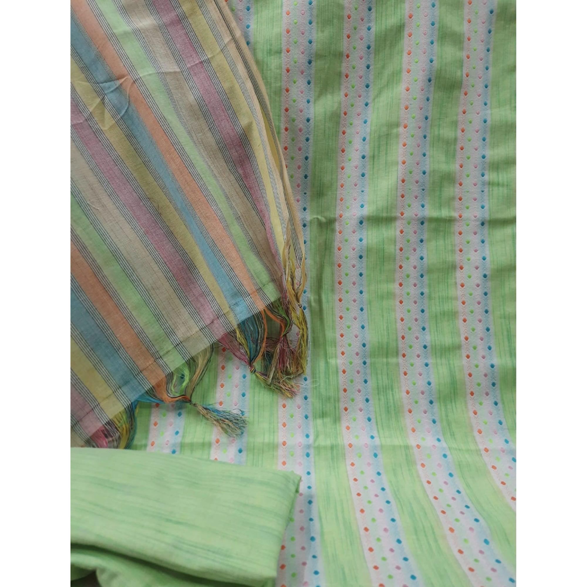 Green Stripes Printed Cotton Blend Dress Material - Peachmode