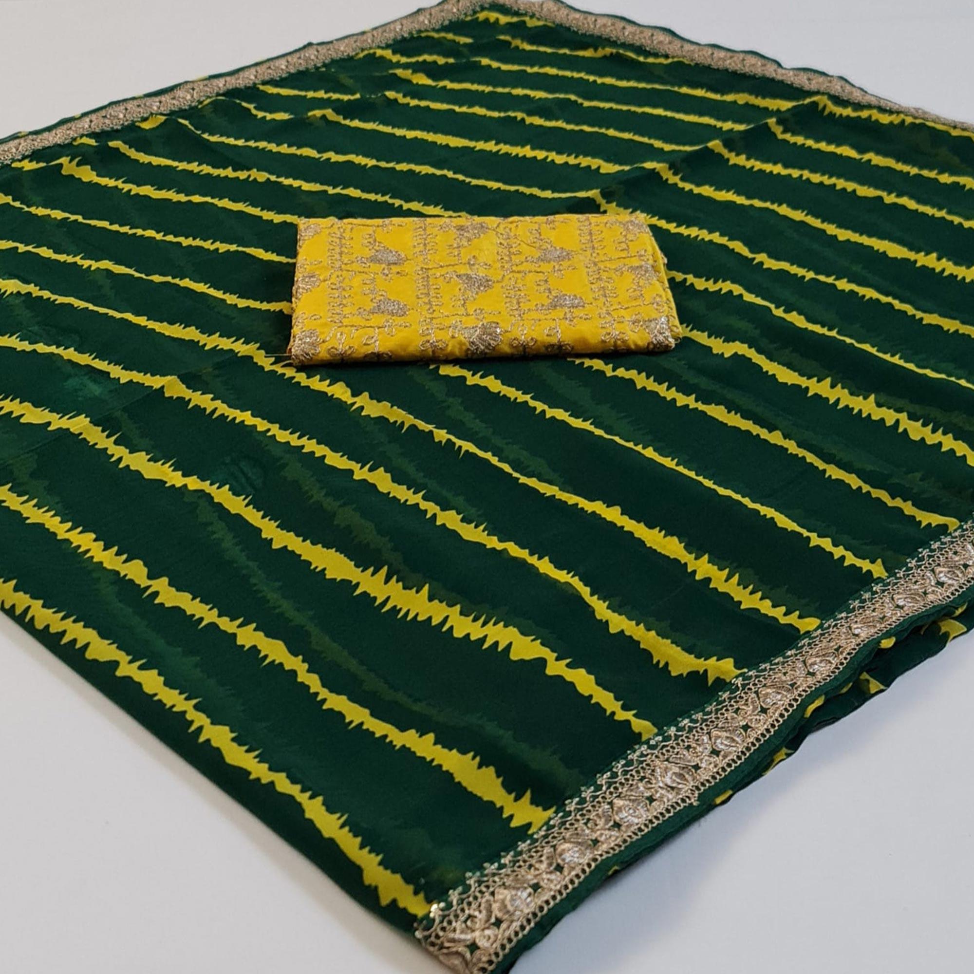 Green Stripes Printed Georgette Saree - Peachmode