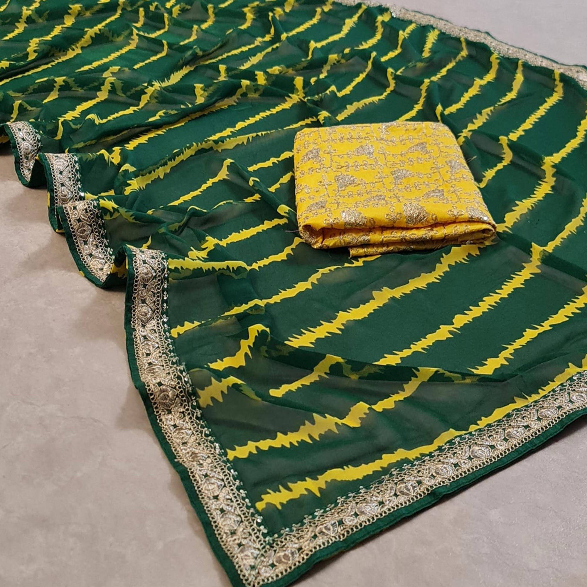 Green Stripes Printed Georgette Saree - Peachmode