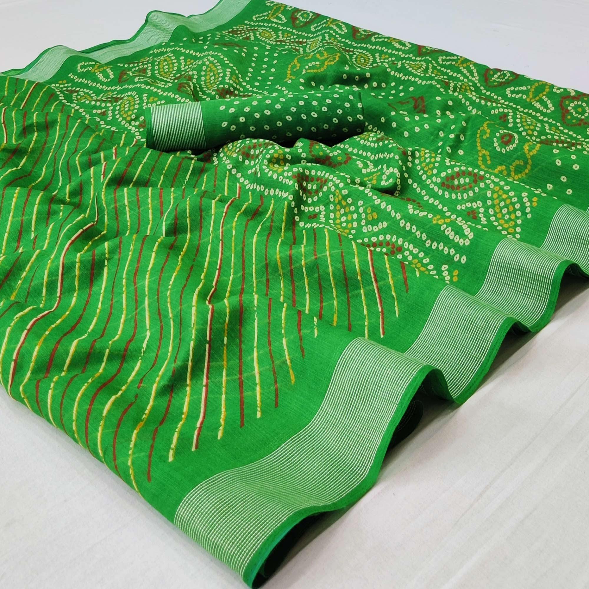 Green Stripes Printed Poly Cotton Saree - Peachmode