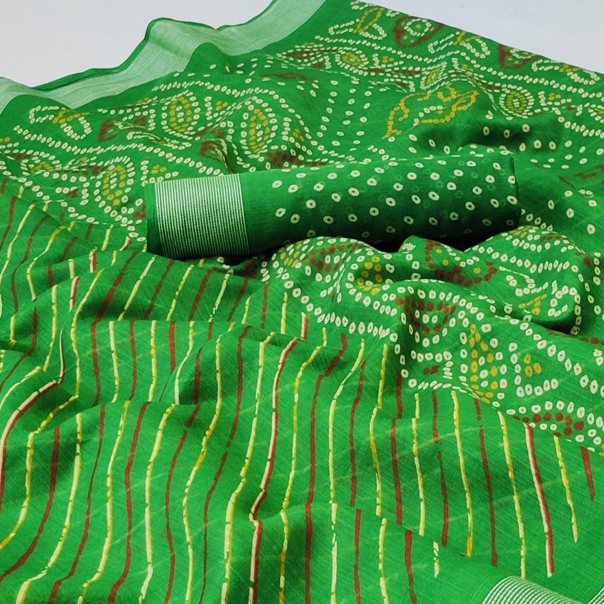 Green Stripes Printed Poly Cotton Saree - Peachmode