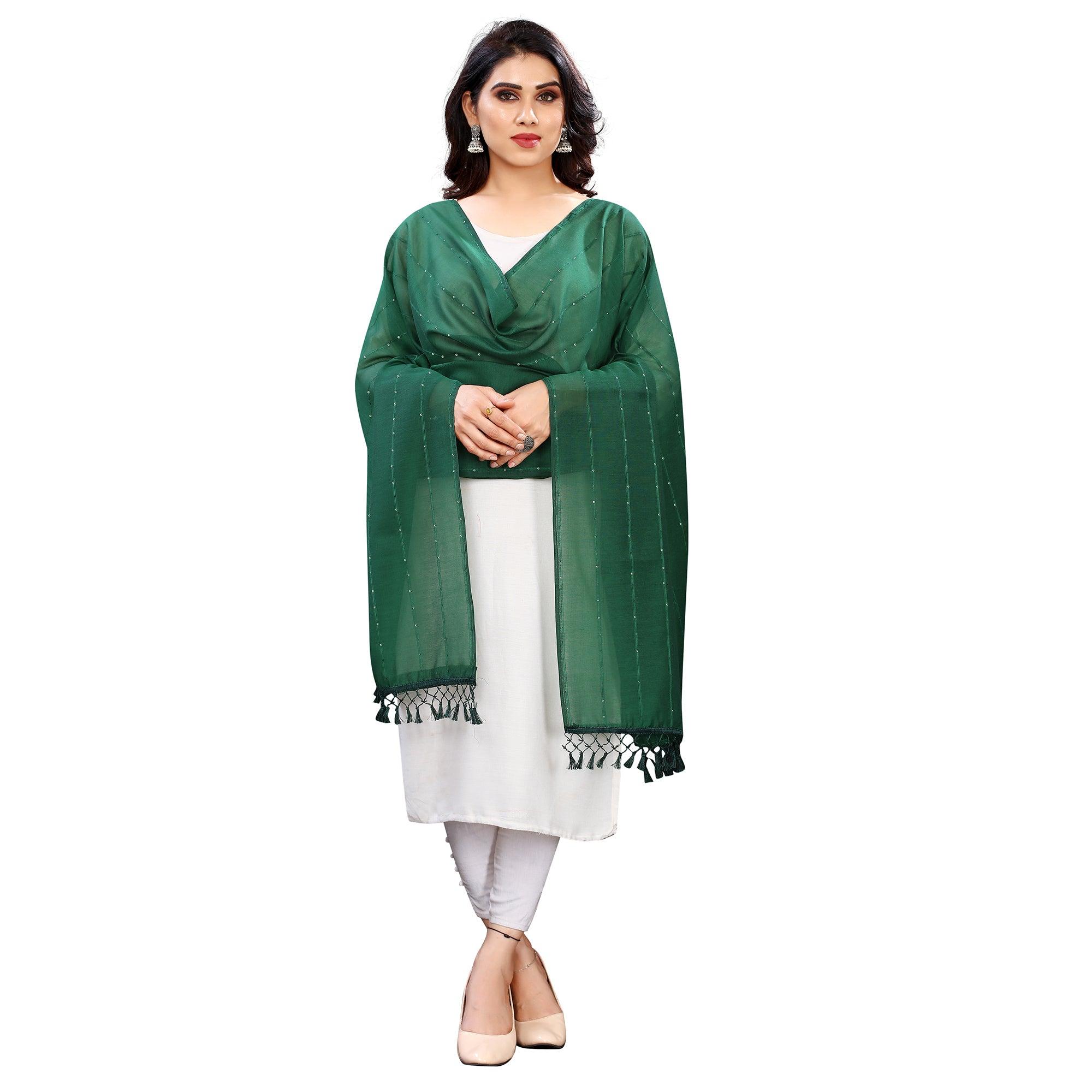 Green Stripes Woven Sequence Festive Wear Cotton Silk Dupatta - Peachmode
