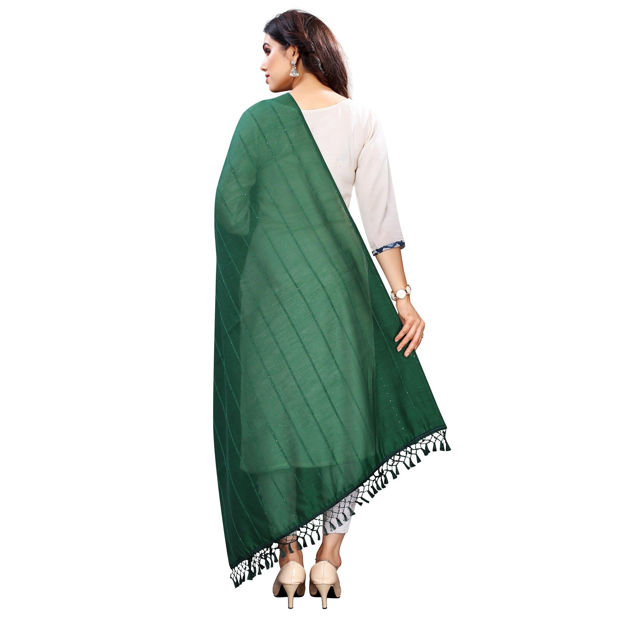 Green Stripes Woven Sequence Festive Wear Cotton Silk Dupatta - Peachmode