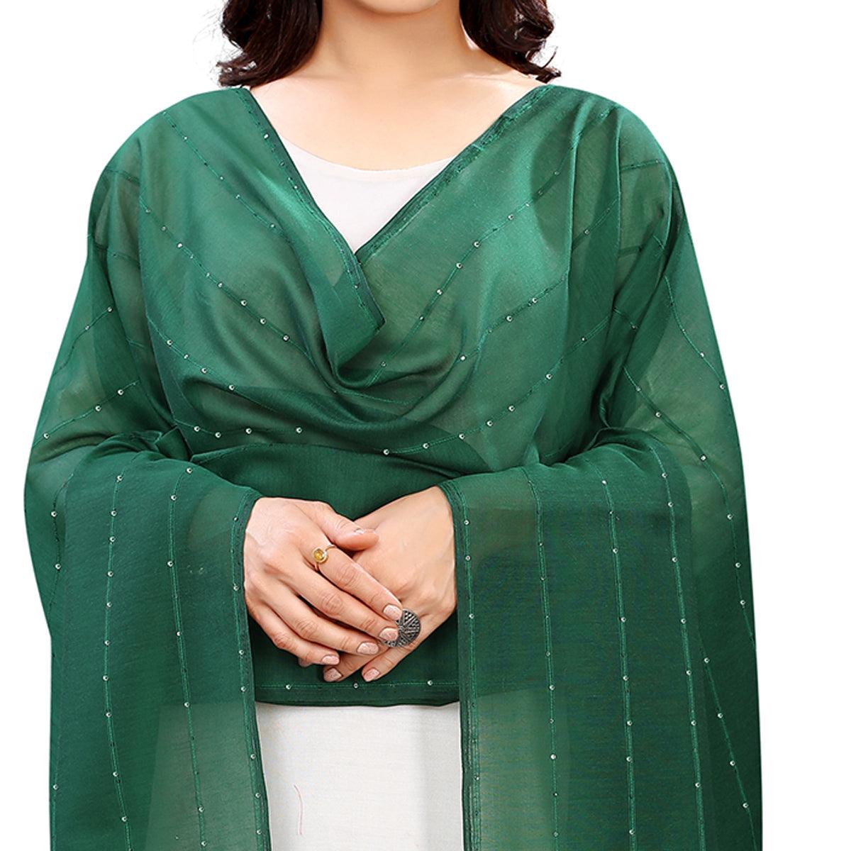 Green Stripes Woven Sequence Festive Wear Cotton Silk Dupatta - Peachmode