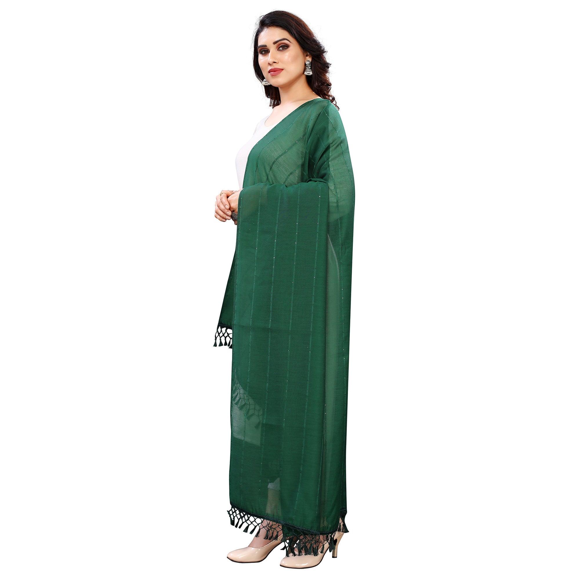 Green Stripes Woven Sequence Festive Wear Cotton Silk Dupatta - Peachmode