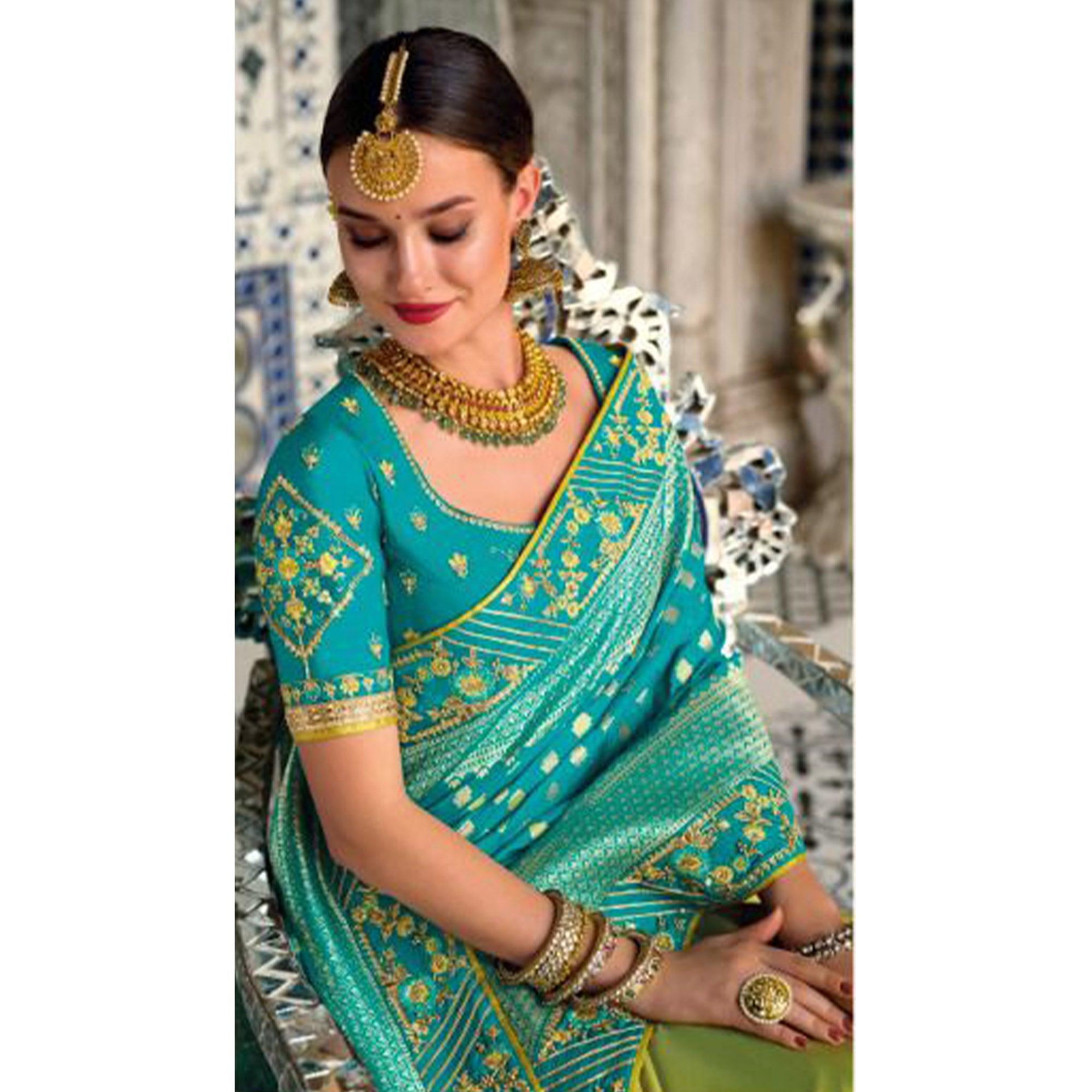 Green-Turquoise Festive Wear Woven Banarasi Silk Half & Half Saree - Peachmode