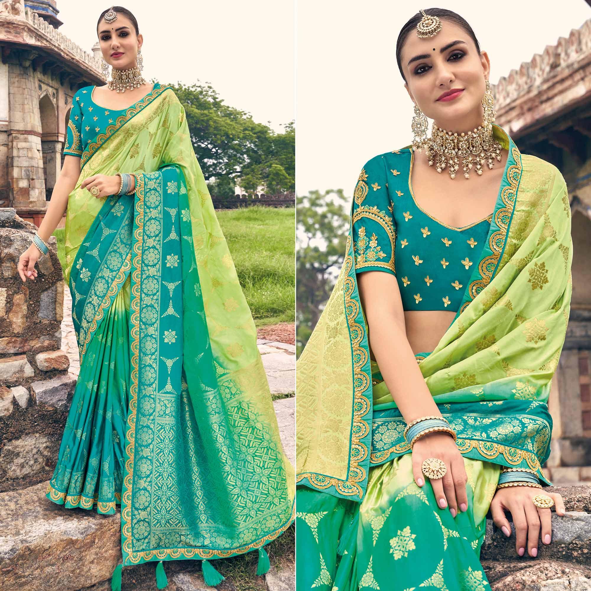 Green-Turquoise Woven Banarasi Silk Saree With Tassels - Peachmode