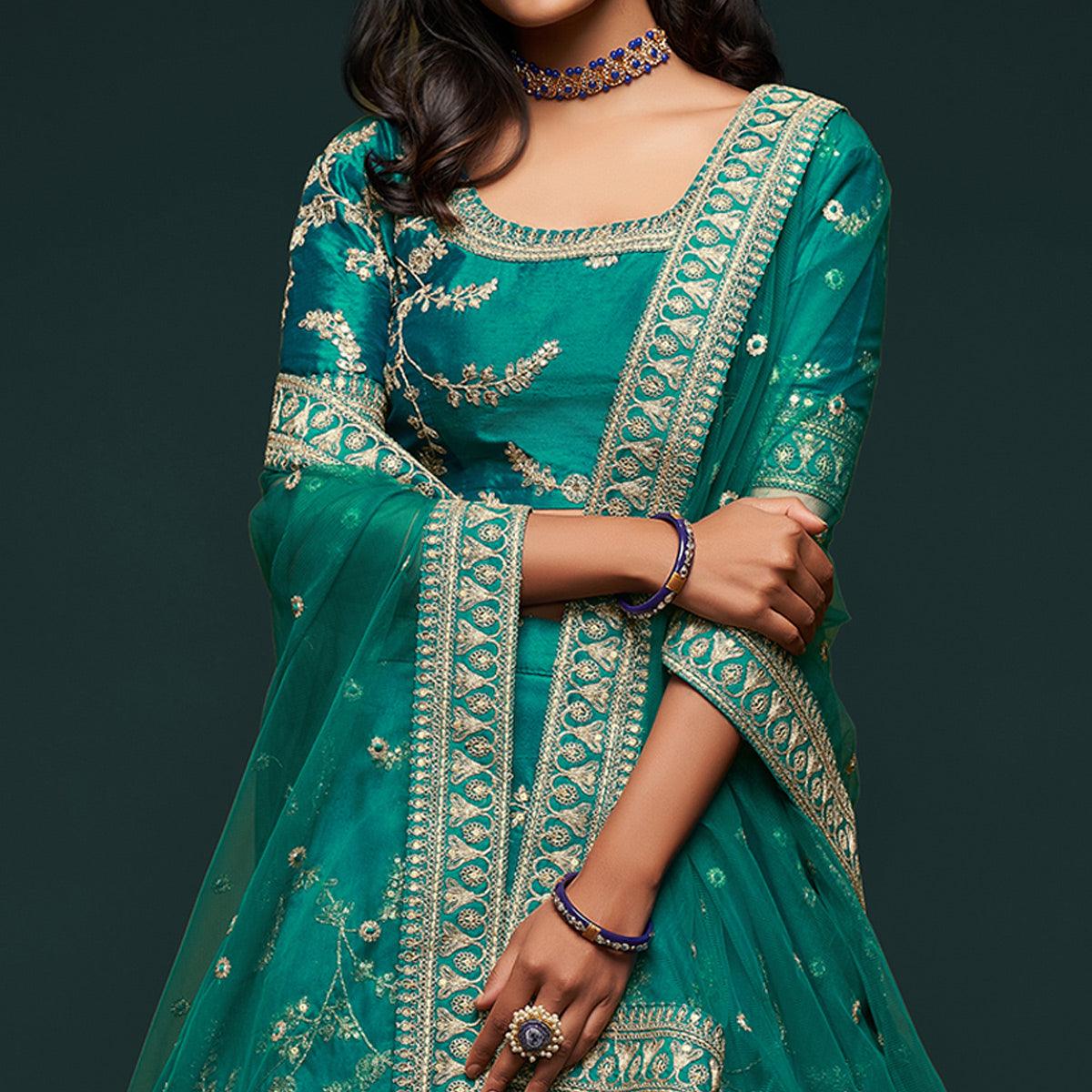 Green Wedding Floral Sequins Embroidered Art Silk Lehenga Choli - Peachmode