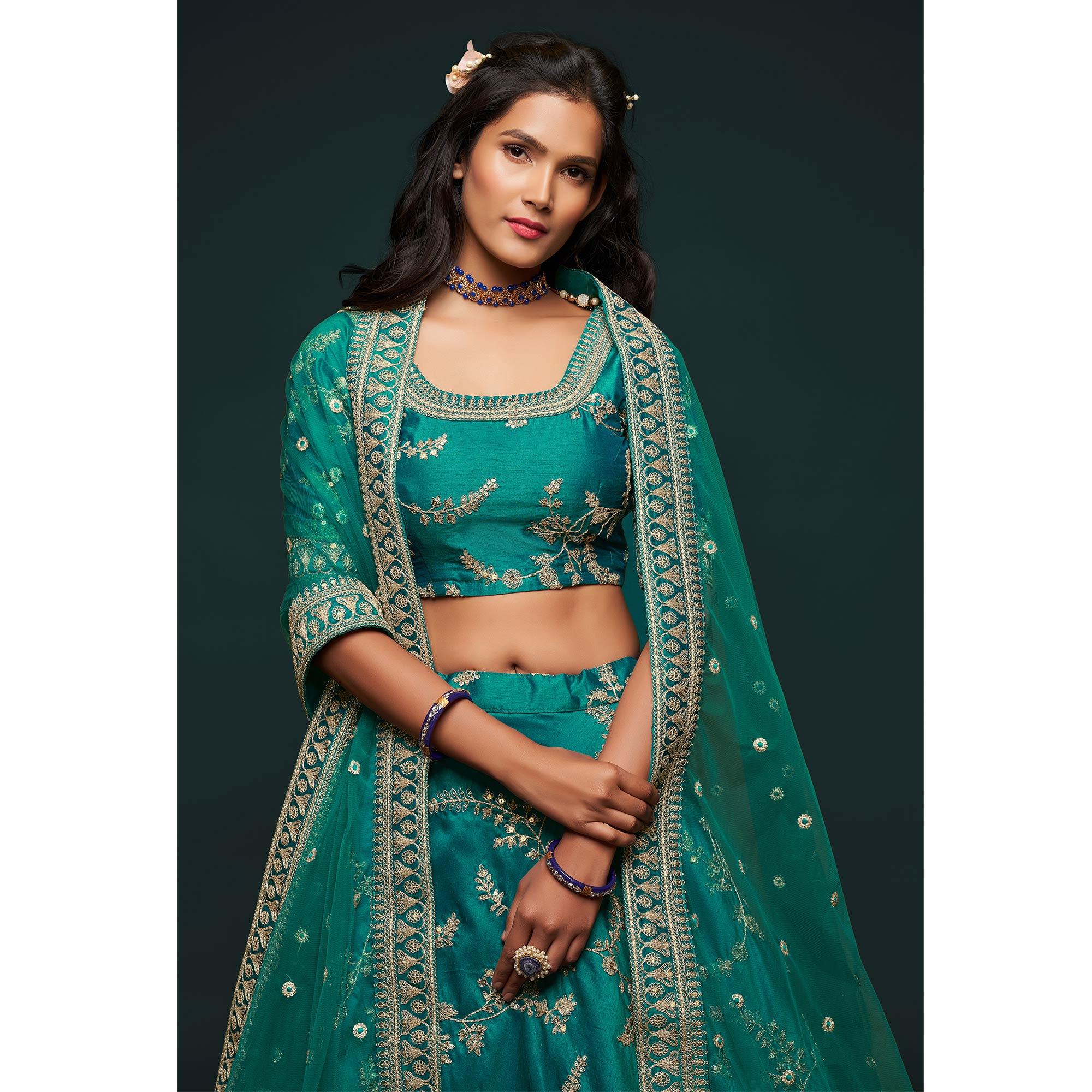 Green Wedding Floral Sequins Embroidered Art Silk Lehenga Choli - Peachmode