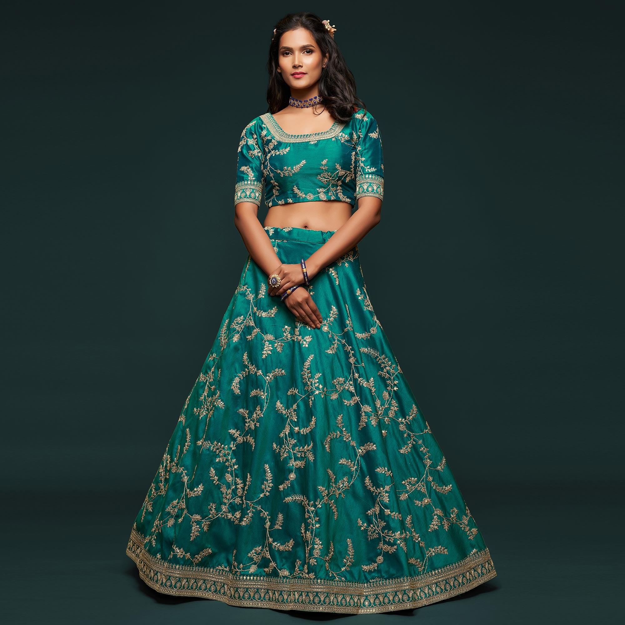 Green Wedding Floral Sequins Embroidered Art Silk Lehenga Choli - Peachmode