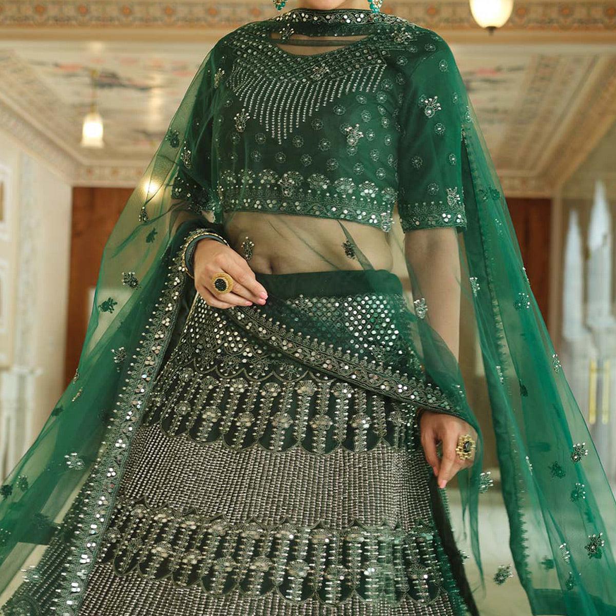 Green Wedding Wear Embellished Netted Lehenga Choli - Peachmode