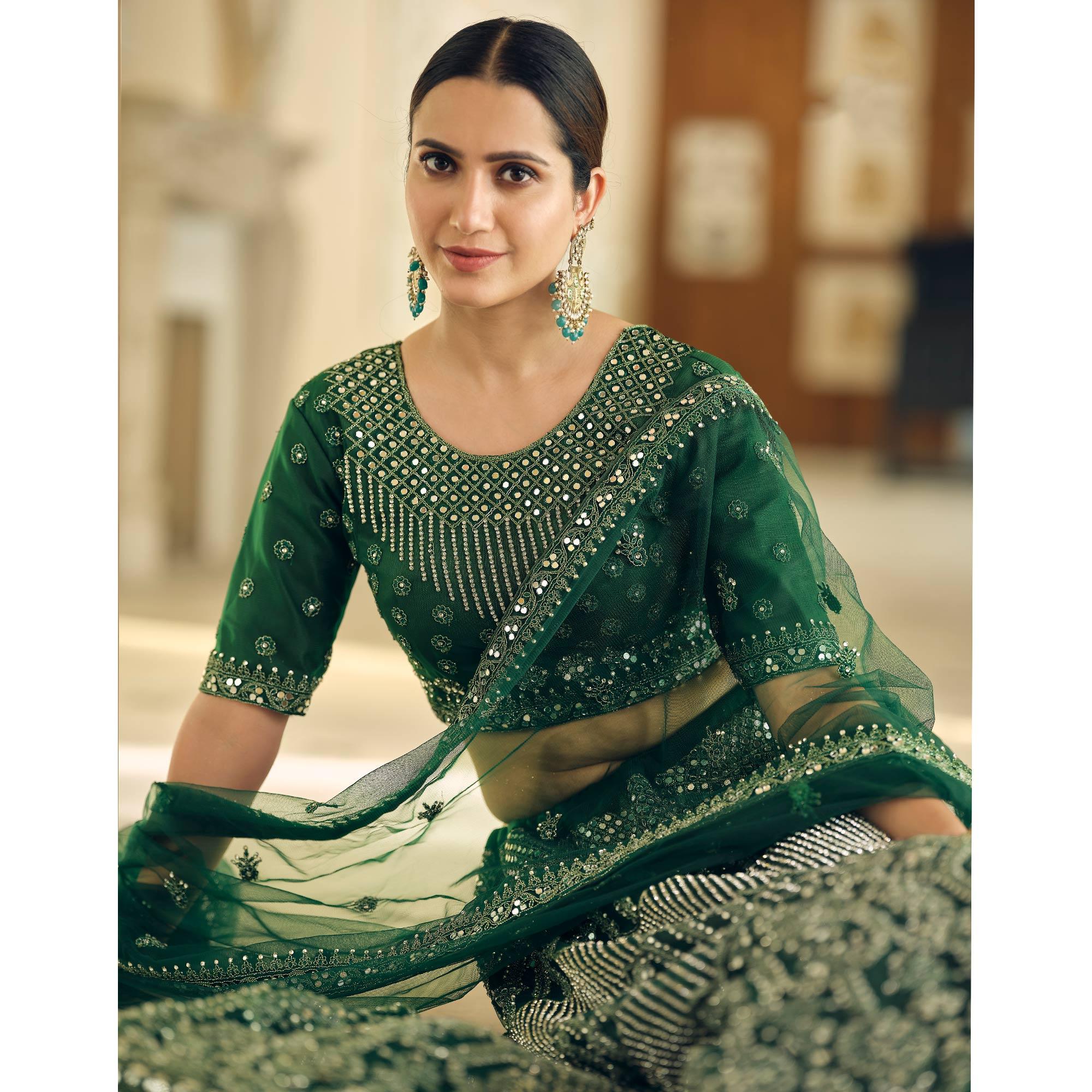 Green Wedding Wear Embellished Netted Lehenga Choli - Peachmode