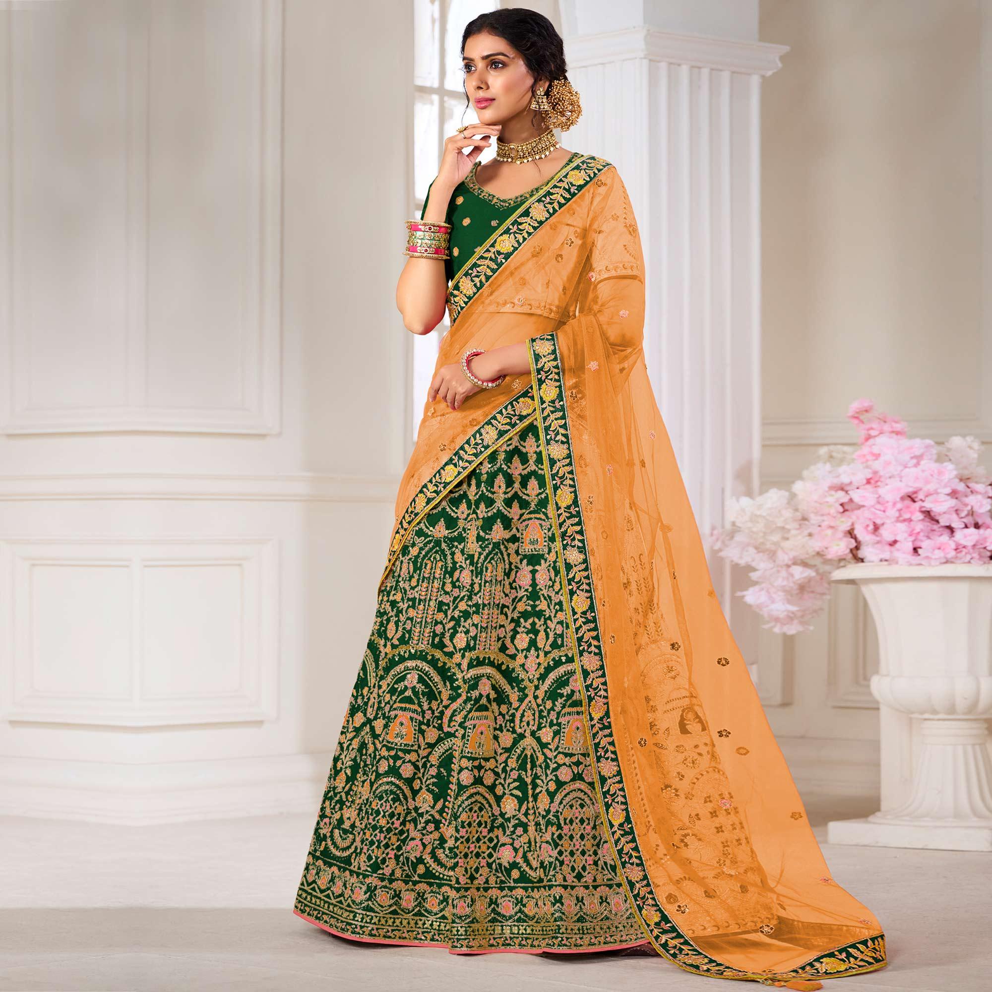 Green Wedding Wear Embroidered Silk Lehenga Choli - Peachmode