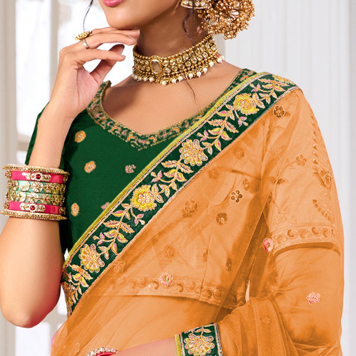 Green Wedding Wear Embroidered Silk Lehenga Choli - Peachmode