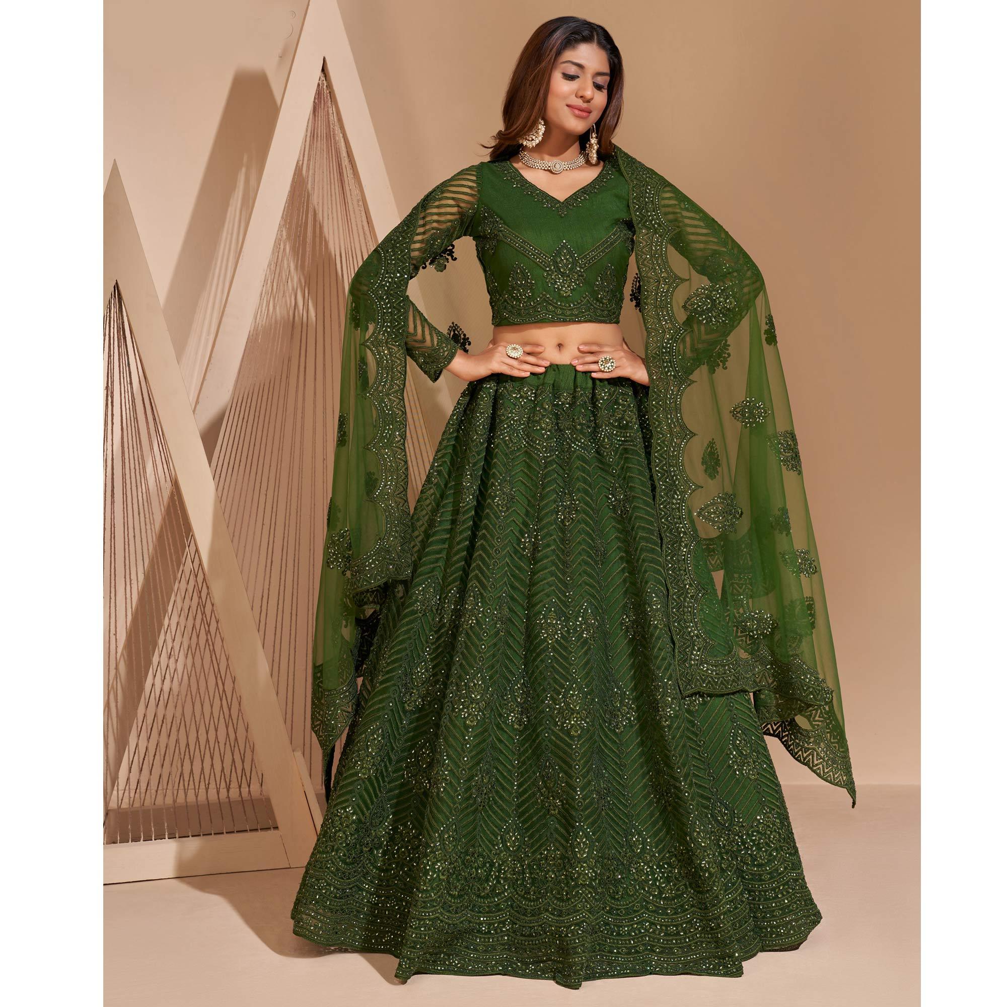 Green Wedding Wear Embroidered With Embellished Net Lehenga Choli - Peachmode