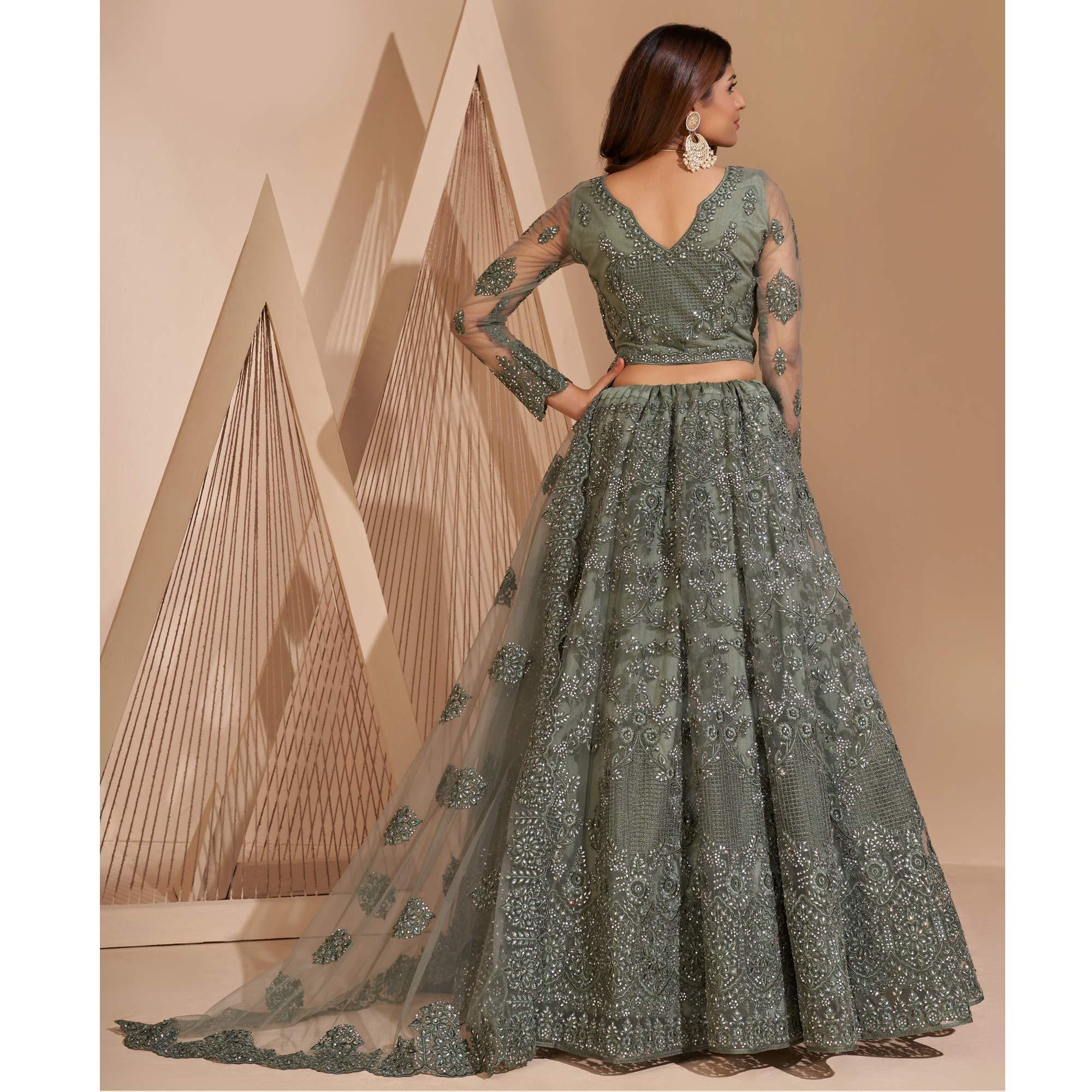 Green Wedding Wear Embroidered With Embellished Net Lehenga Choli - Peachmode