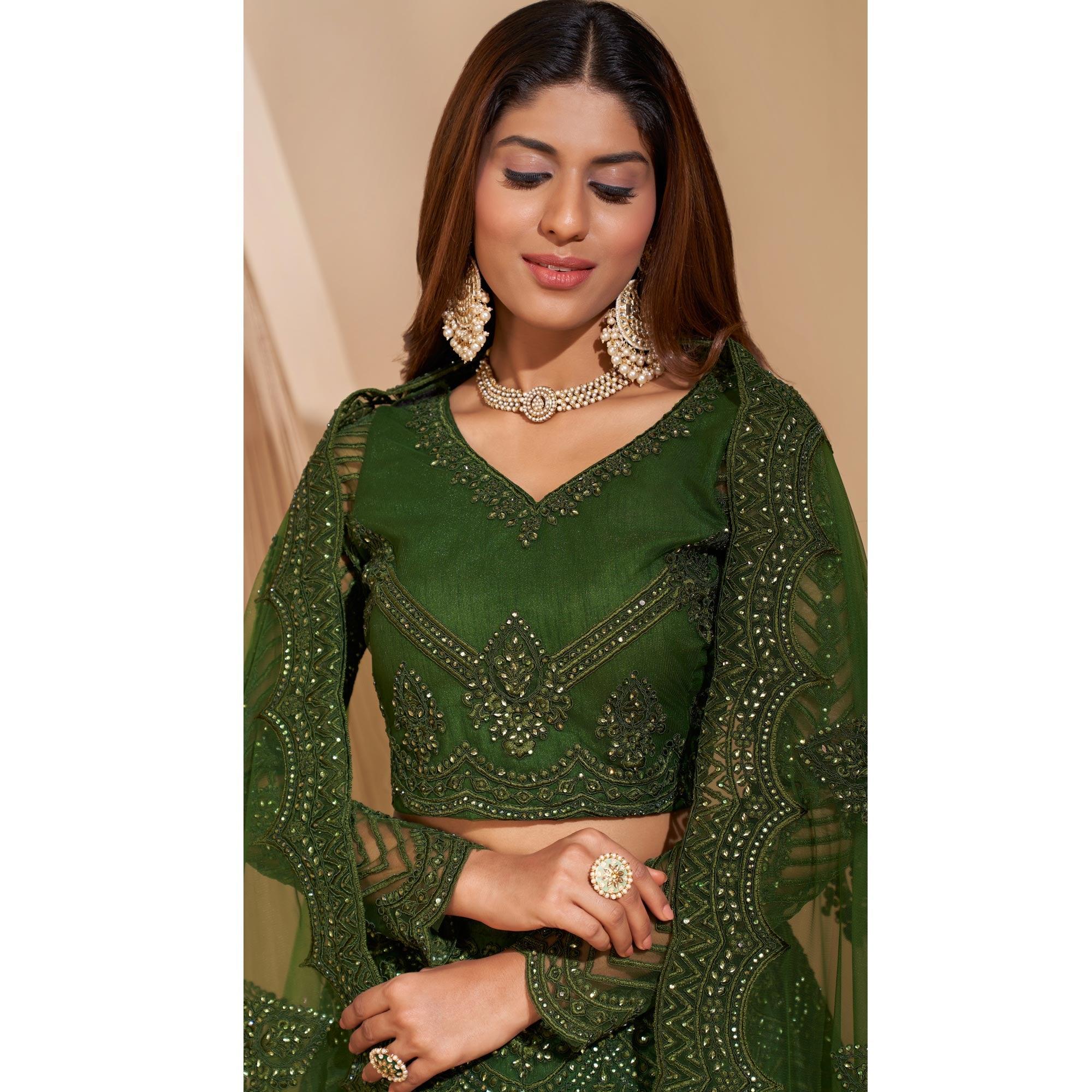 Green Wedding Wear Embroidered With Embellished Net Lehenga Choli - Peachmode