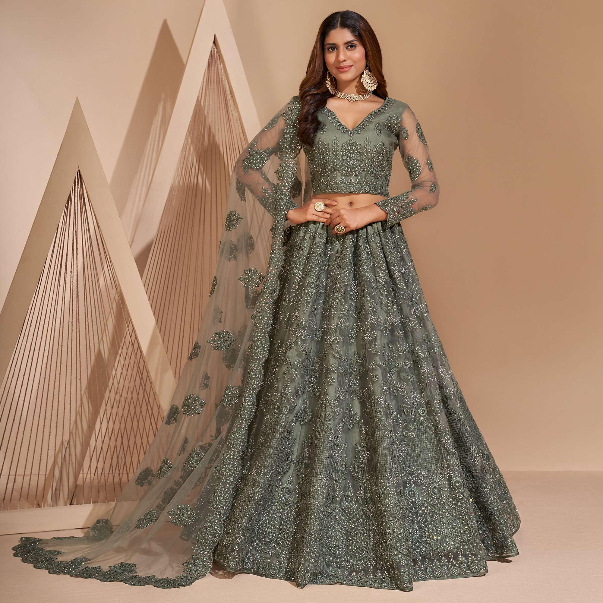 Green Wedding Wear Embroidered With Embellished Net Lehenga Choli - Peachmode
