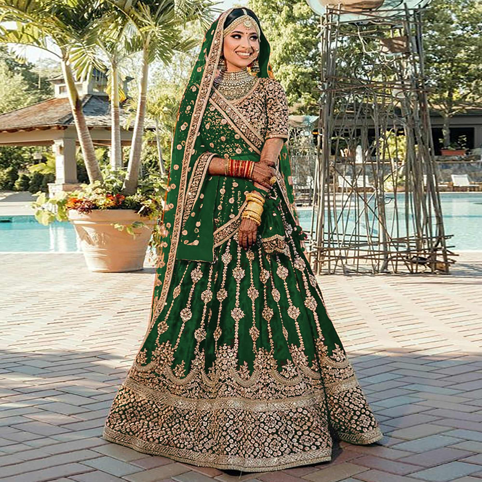 Green Wedding Wear Embroidered With Embellished Velvet Lehenga Choli - Peachmode
