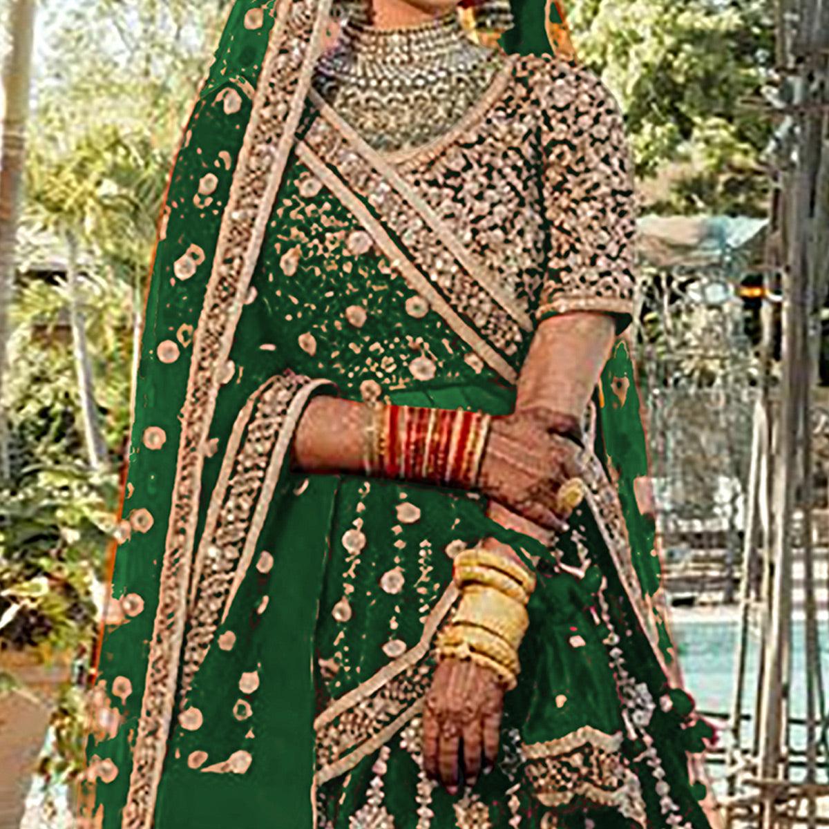 Green Wedding Wear Embroidered With Embellished Velvet Lehenga Choli - Peachmode