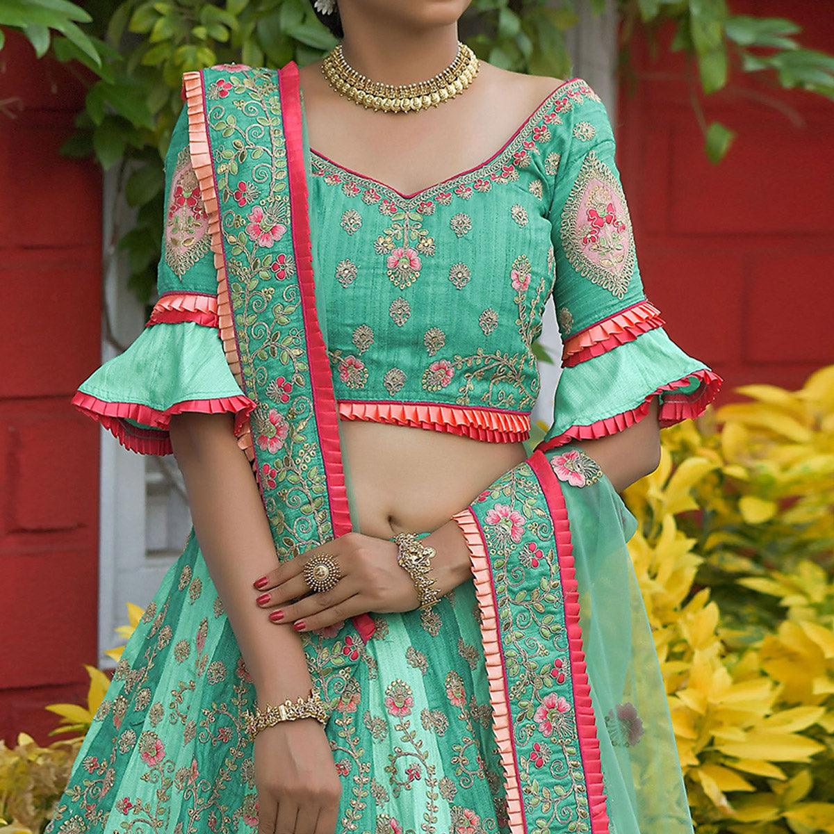 Green Wedding Wear Floral Embroidery & Resham Work Silk Lehenga Choli - Peachmode