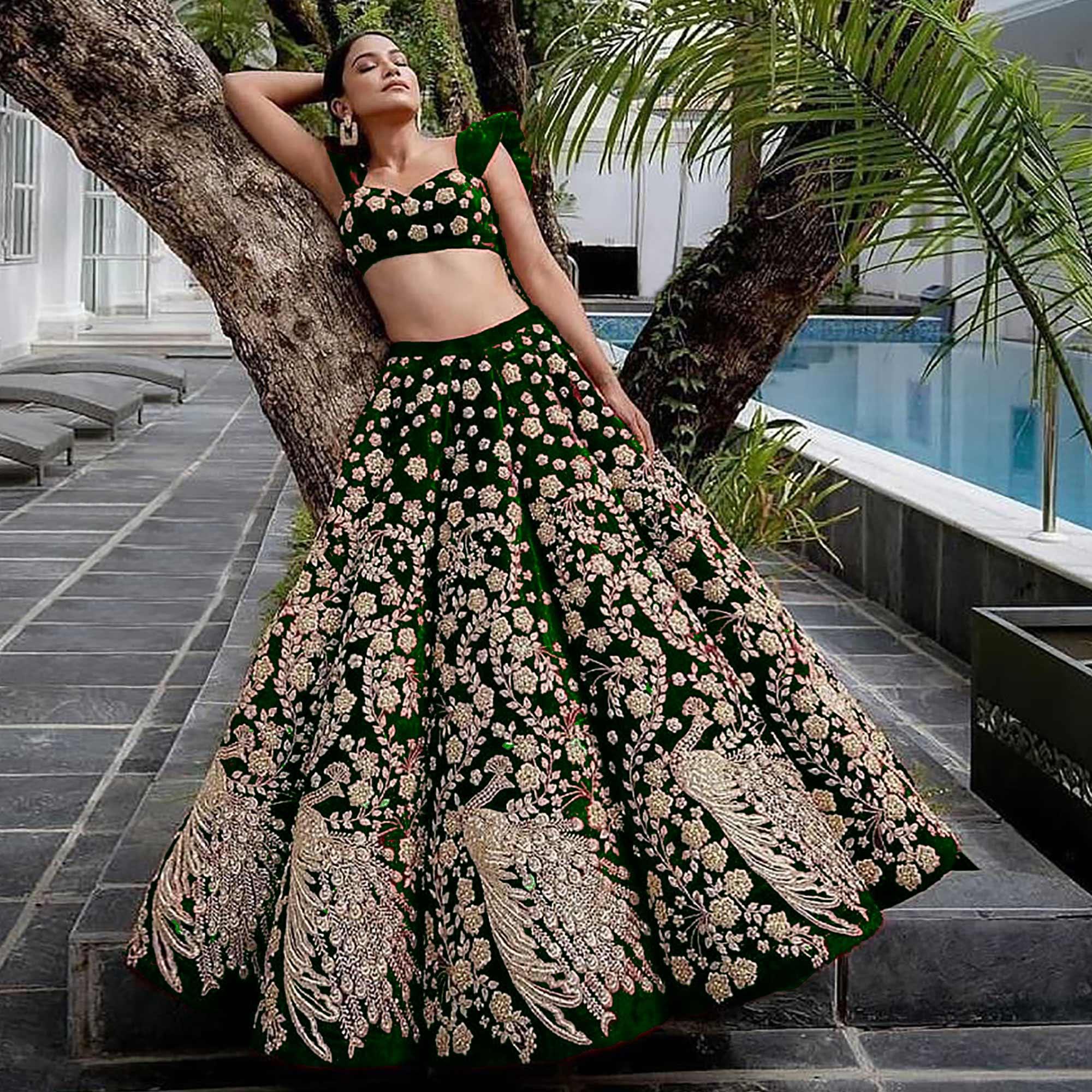 Green Wedding Wear Floral Embroidery With Dori Work Velvet Lehenga Choli - Peachmode