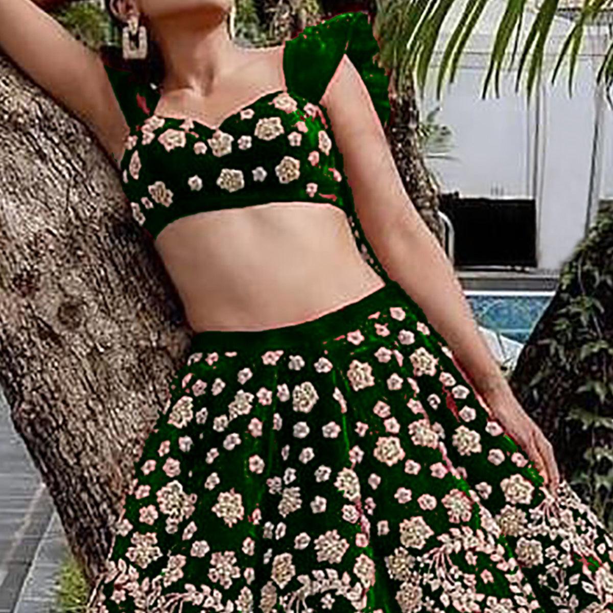 Green Wedding Wear Floral Embroidery With Dori Work Velvet Lehenga Choli - Peachmode