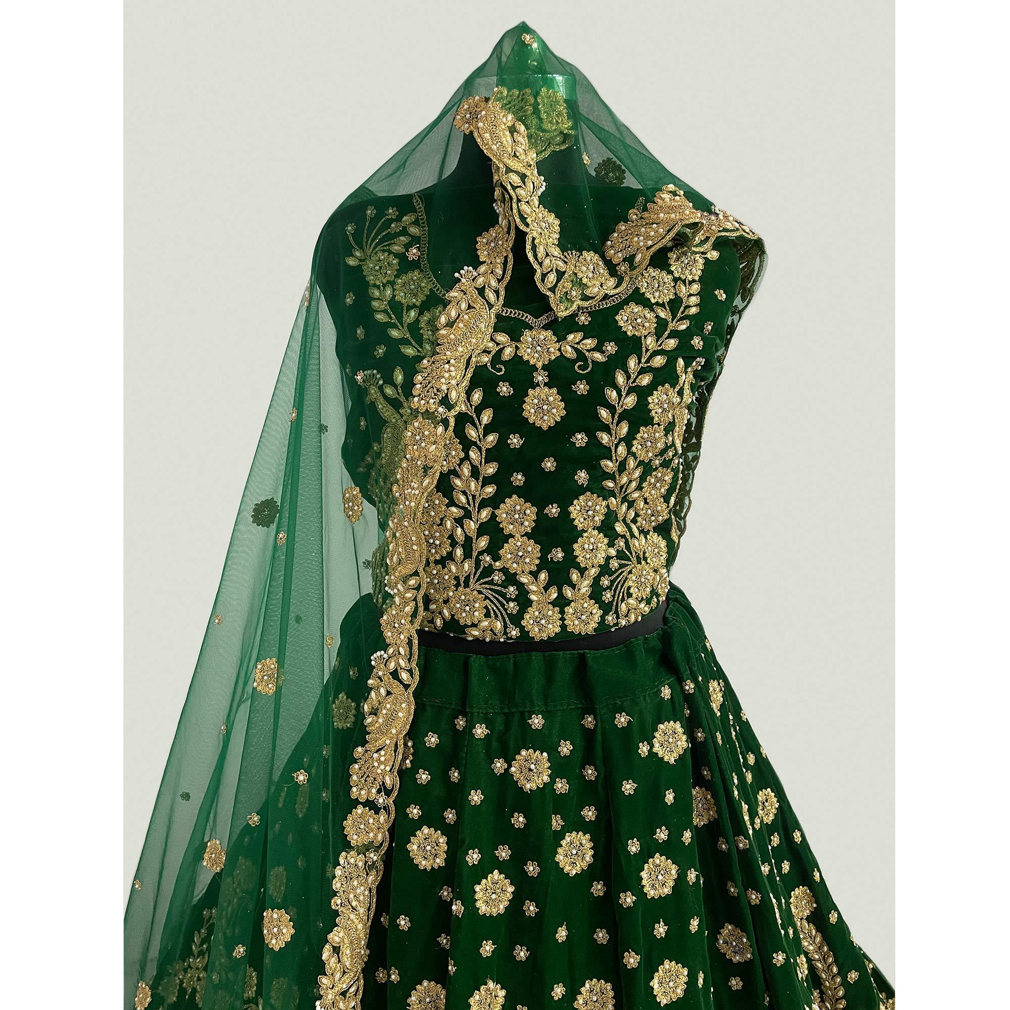 Green Wedding Wear Floral Embroidery With Dori Work Velvet Lehenga Choli - Peachmode