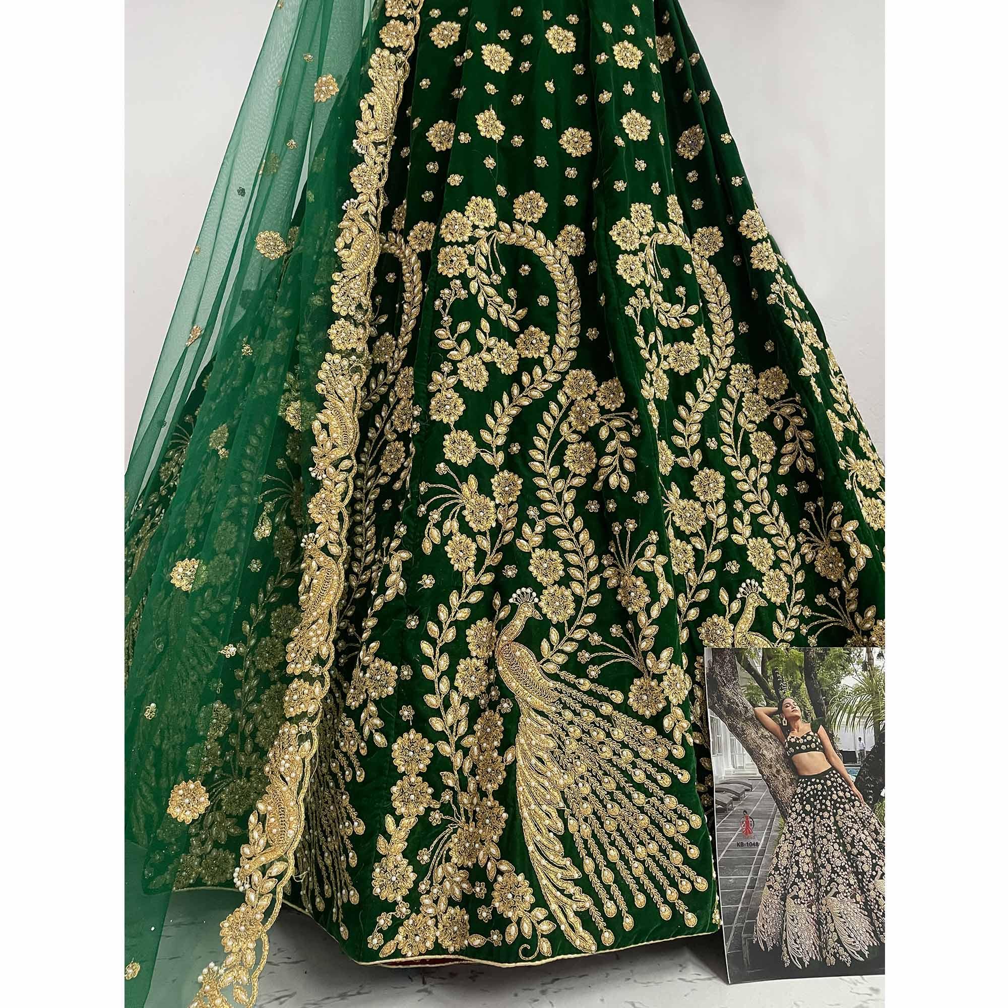 Green Wedding Wear Floral Embroidery With Dori Work Velvet Lehenga Choli - Peachmode