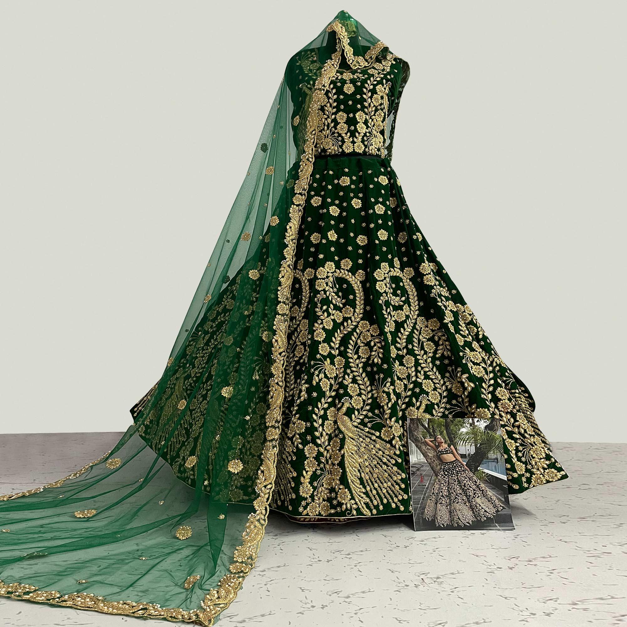 Green Wedding Wear Floral Embroidery With Dori Work Velvet Lehenga Choli - Peachmode