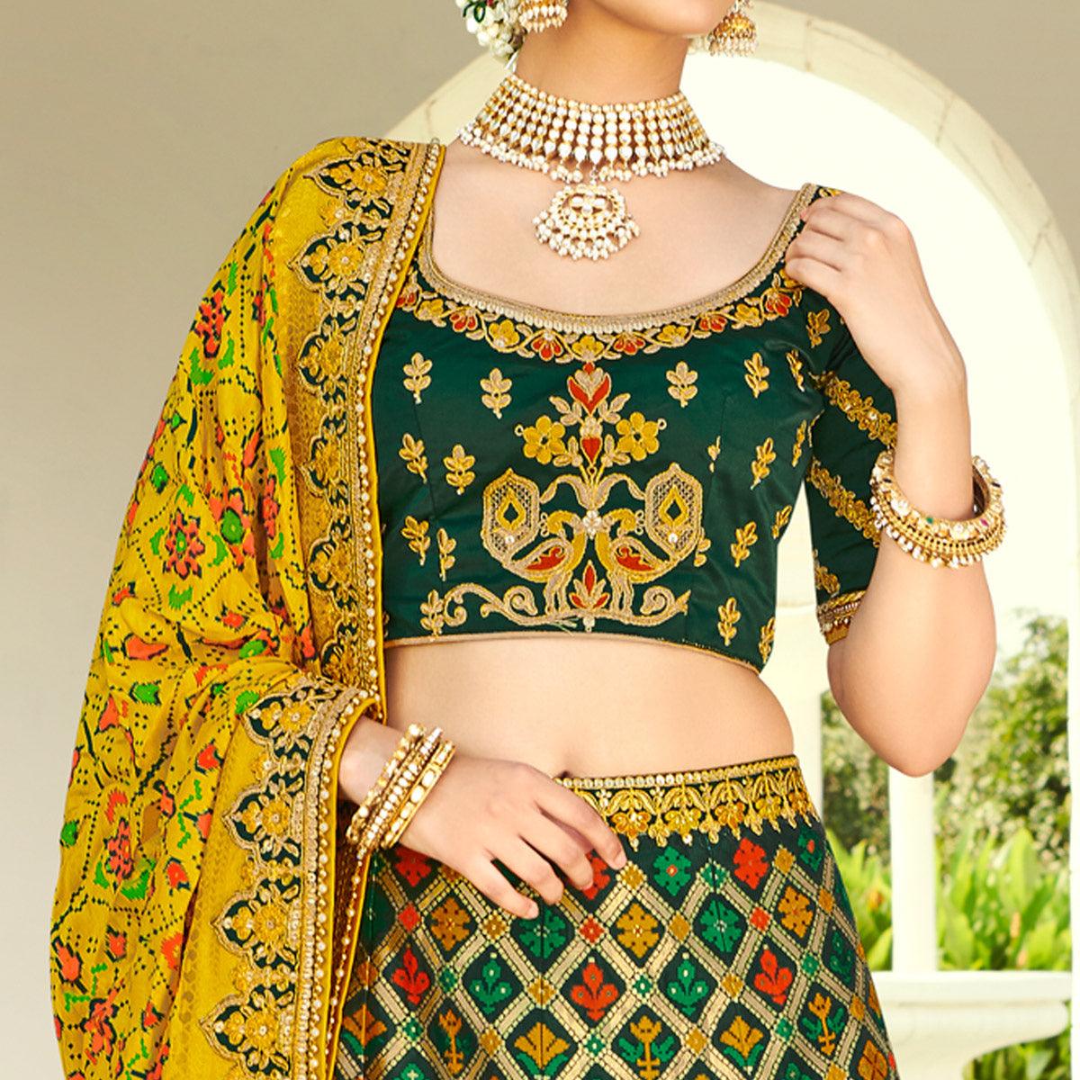 Green Wedding Wear Heavy Embroidered Banarasi Silk Lehenga Choli - Peachmode
