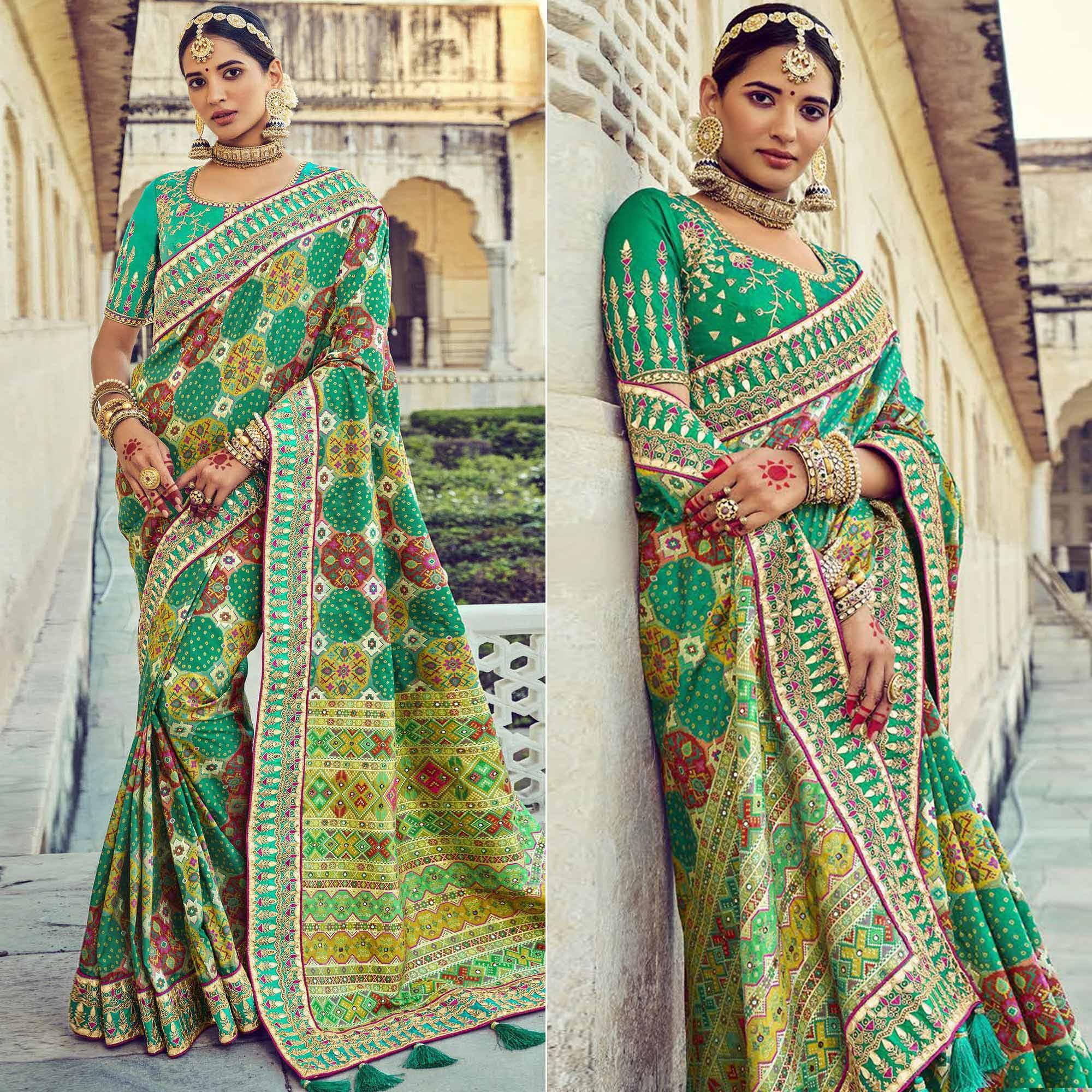 Green Wedding Wear Resham With Embellished Silk Bhandhani Patola Saree - Peachmode