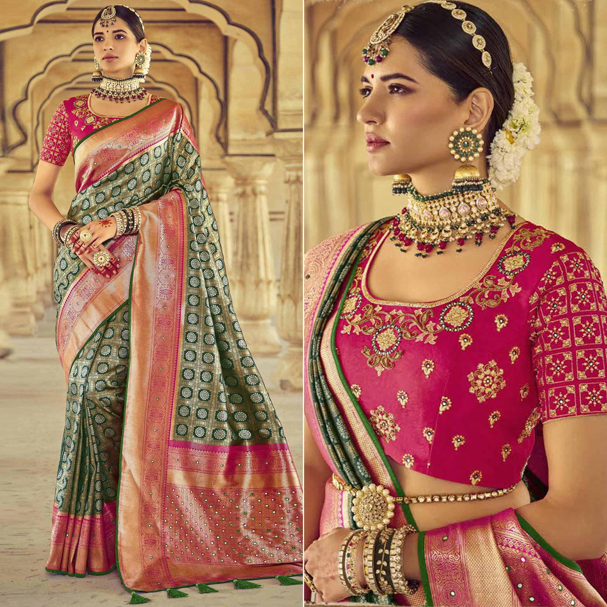 Green Wedding Wear Resham With Embellished Silk Kanjivaram Saree - Peachmode