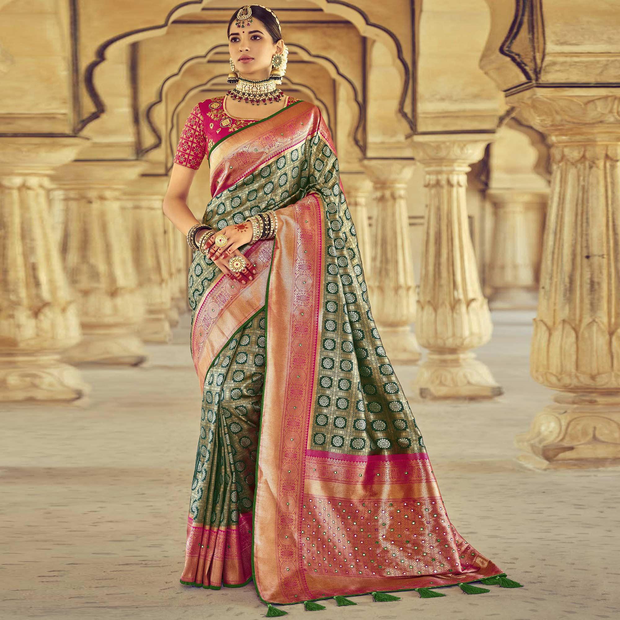 Green Wedding Wear Resham With Embellished Silk Kanjivaram Saree - Peachmode