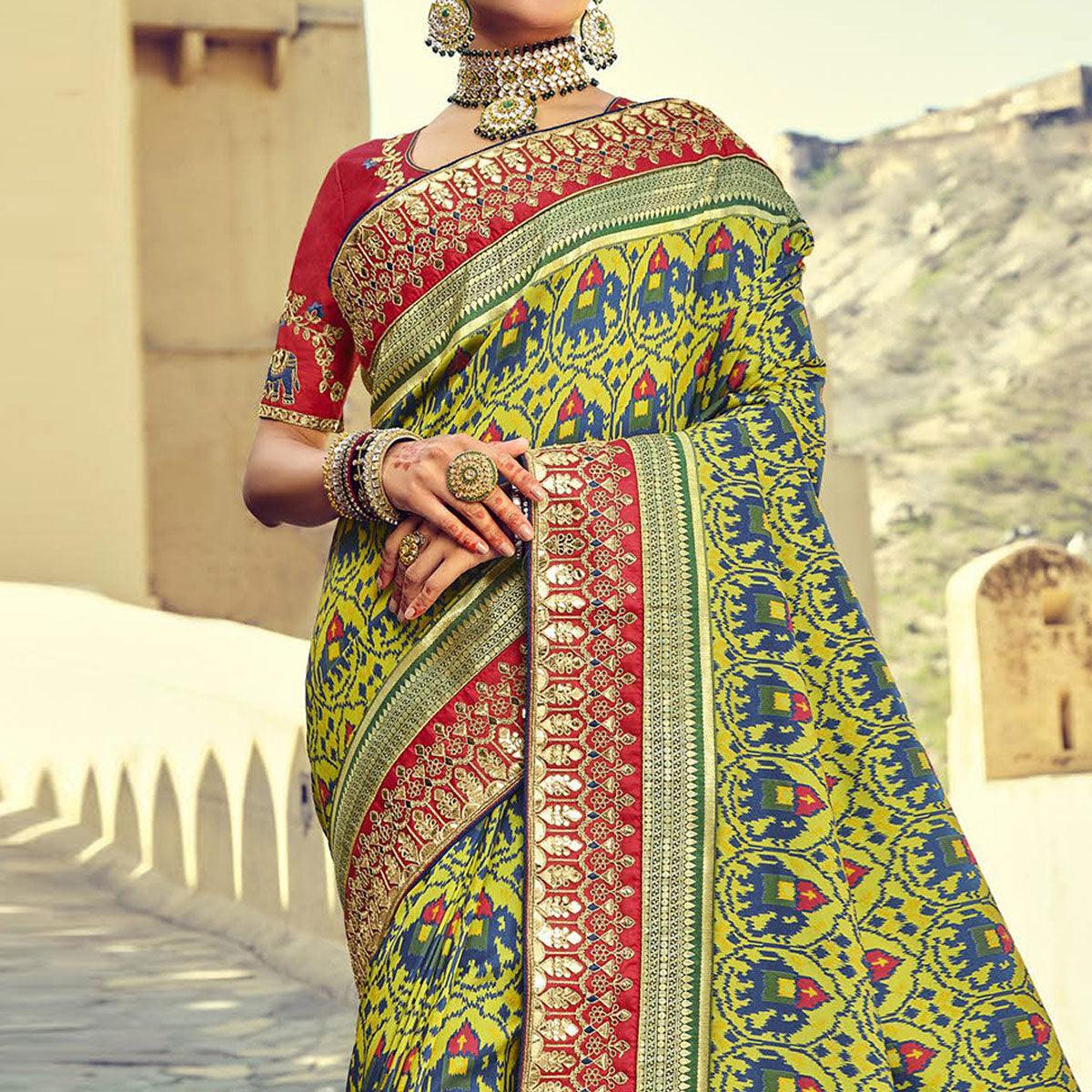 Green Wedding Wear Resham With Embellished Silk Patola Saree - Peachmode