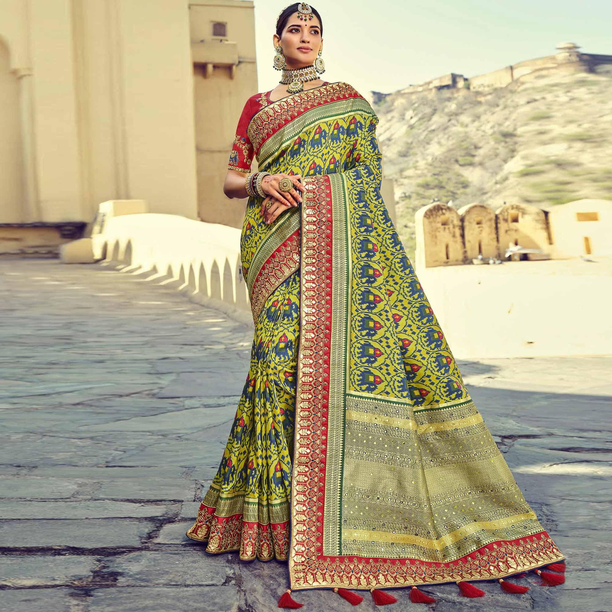 Green Wedding Wear Resham With Embellished Silk Patola Saree - Peachmode