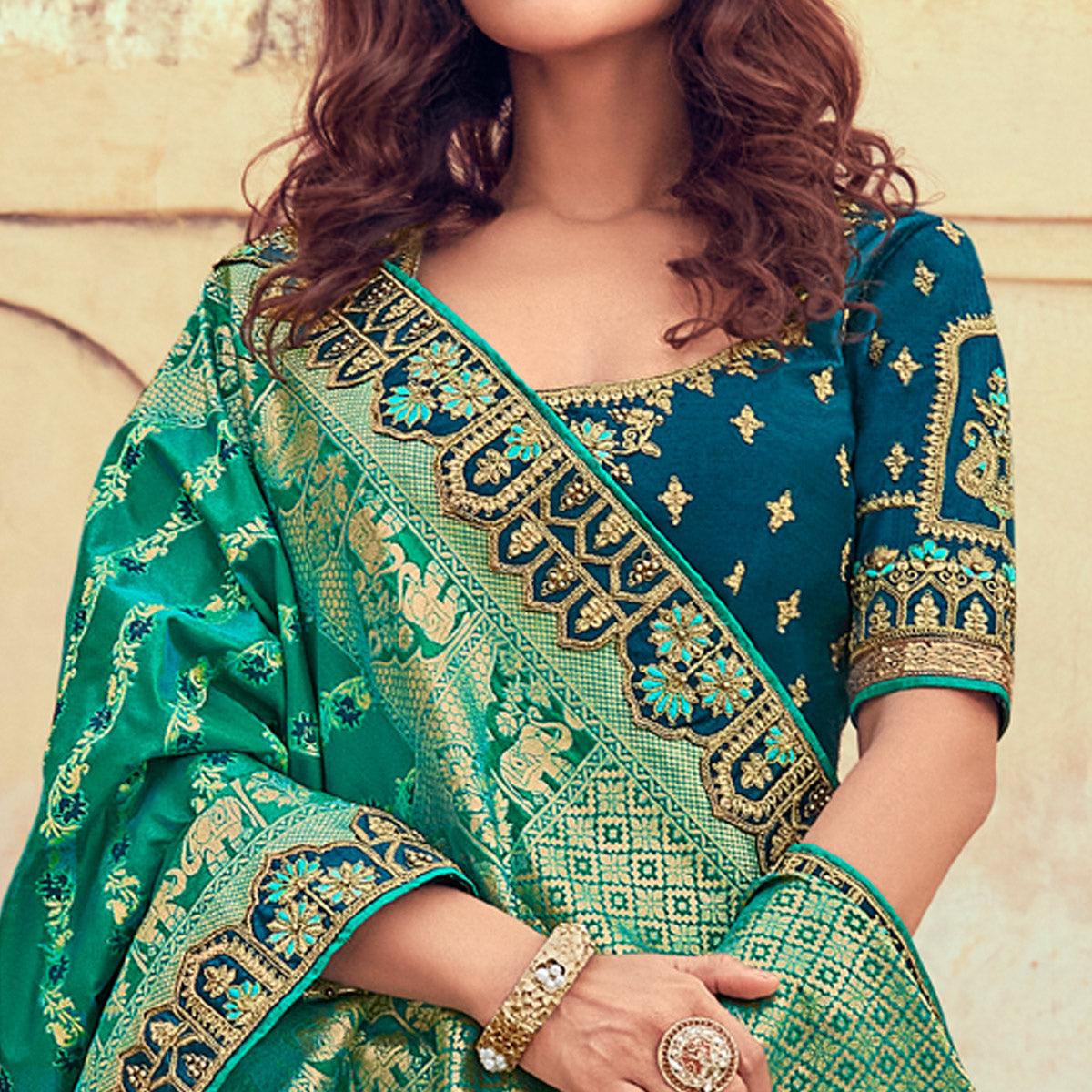 Green Wedding Wear Woven & Embroidered Silk Lehenga Choli - Peachmode