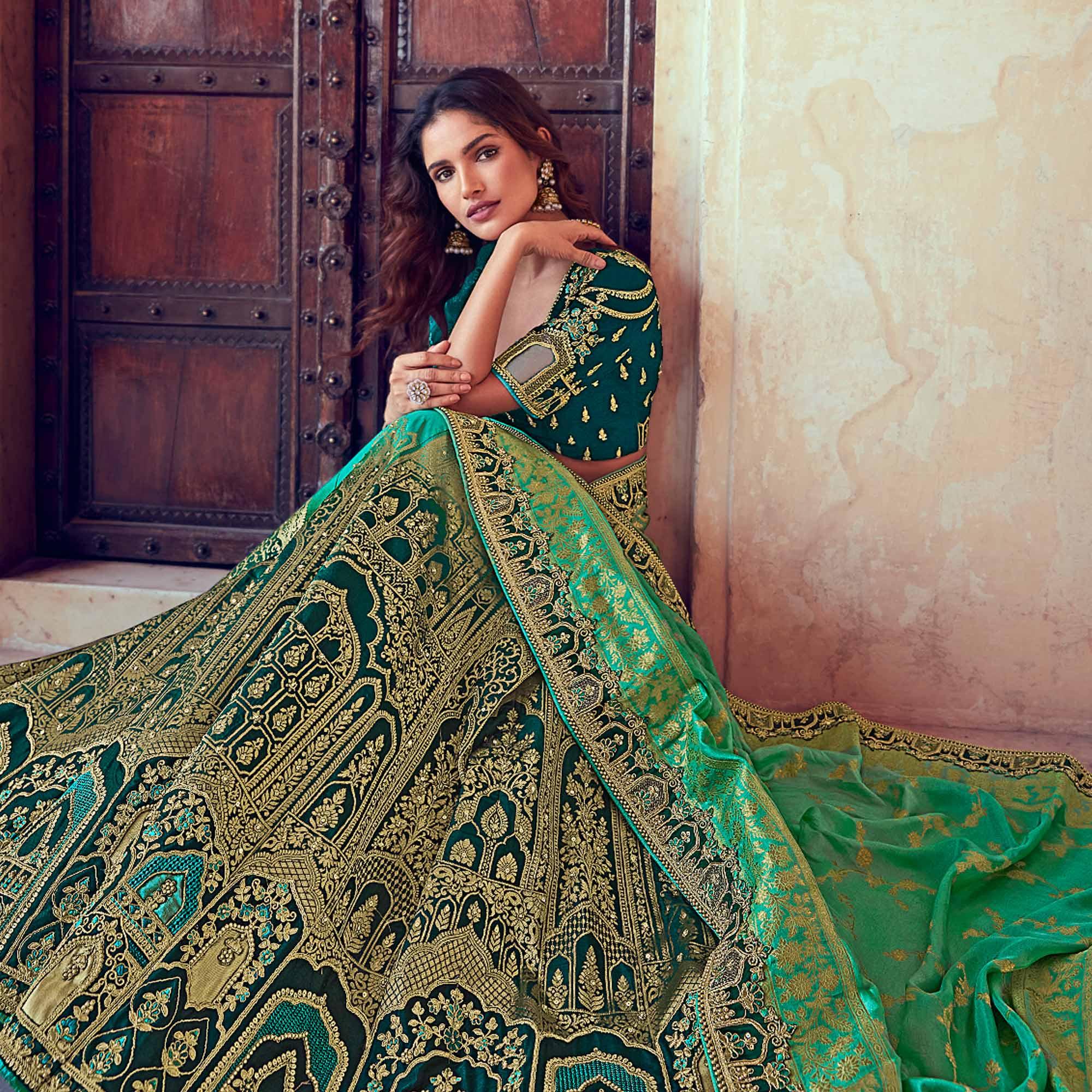 Green Wedding Wear Woven & Embroidered Silk Lehenga Choli - Peachmode