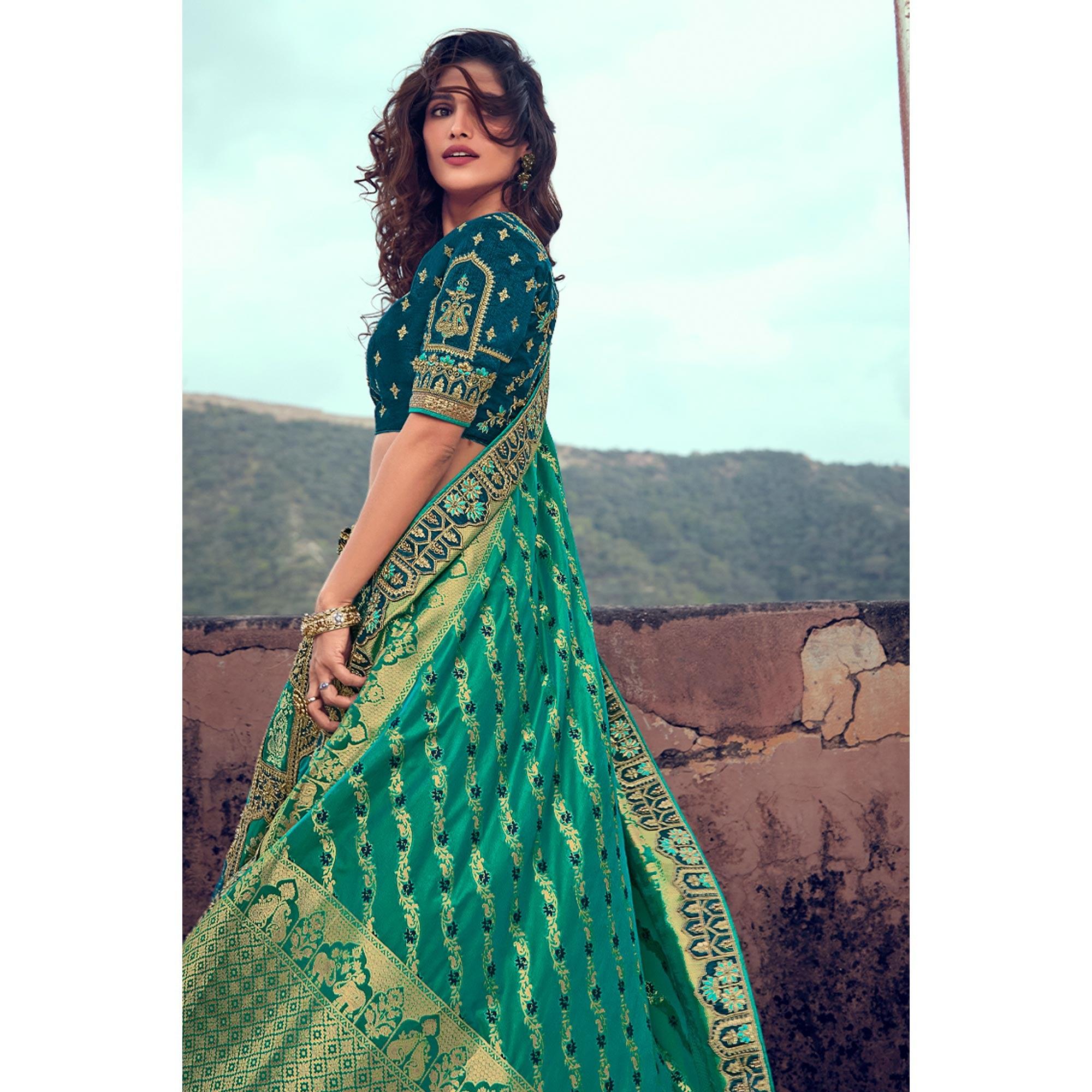 Green Wedding Wear Woven & Embroidered Silk Lehenga Choli - Peachmode