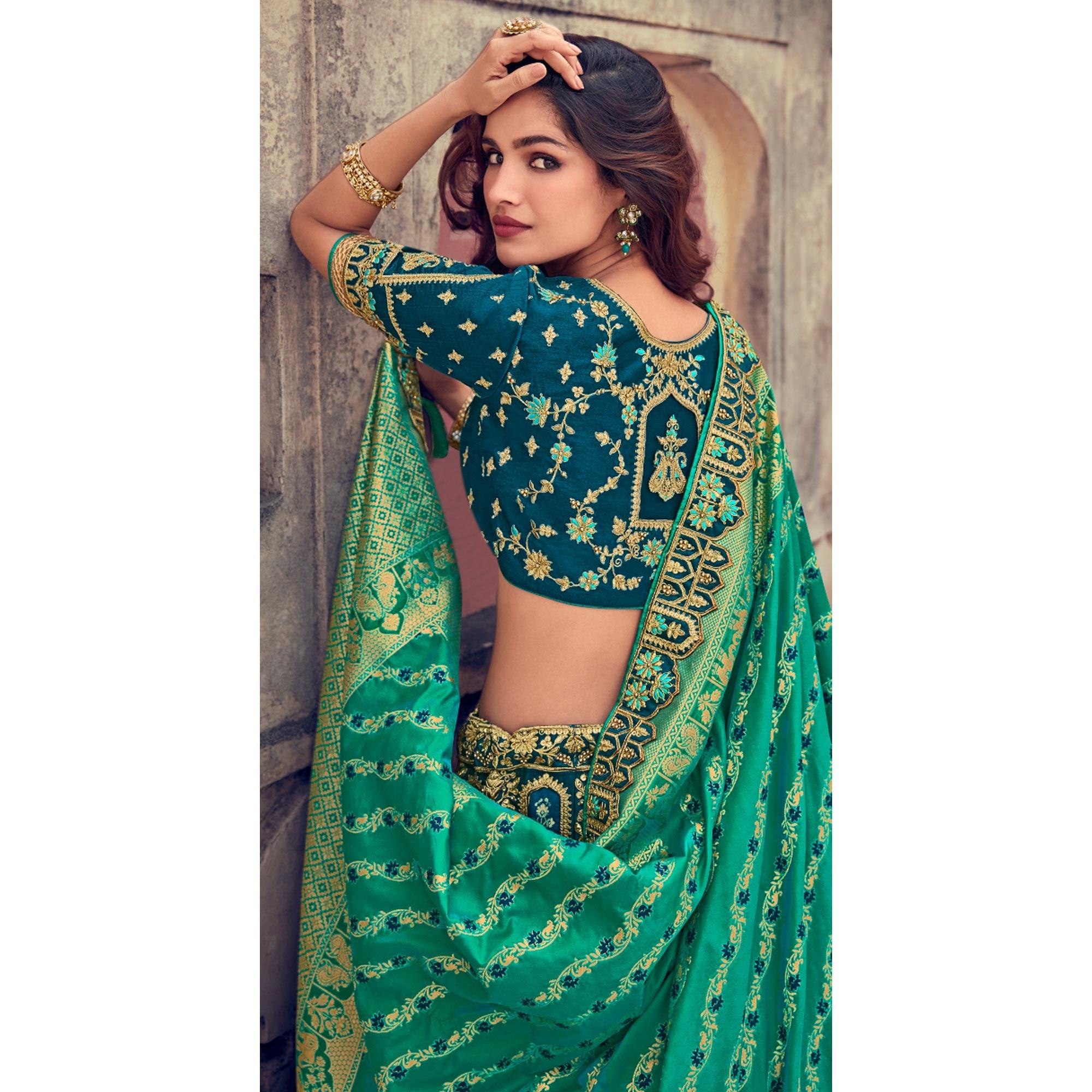 Green Wedding Wear Woven & Embroidered Silk Lehenga Choli - Peachmode