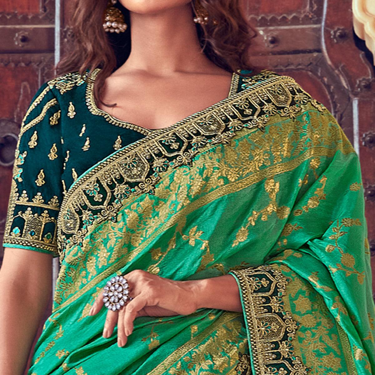 Green Wedding Wear Woven & Embroidered Silk Lehenga Choli - Peachmode